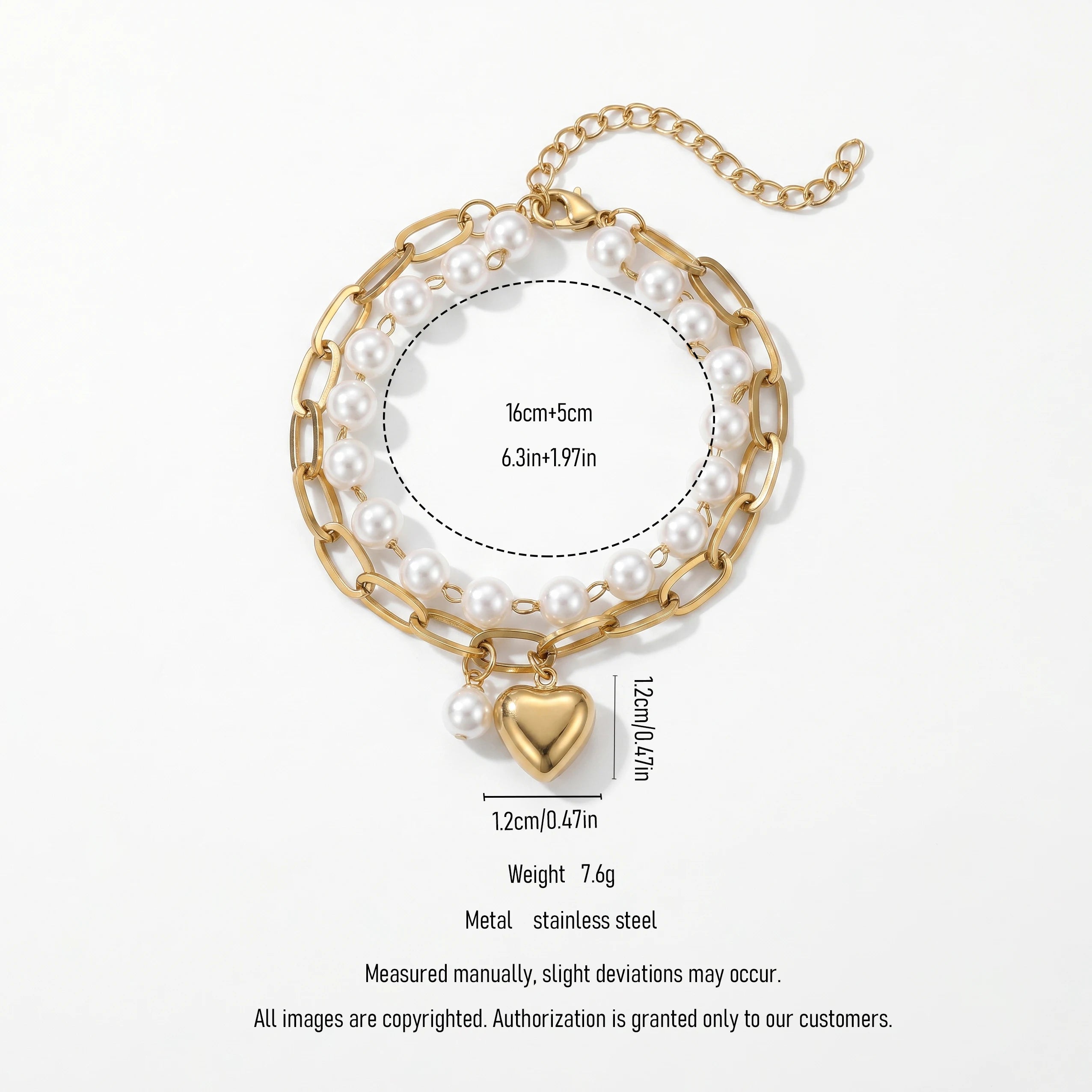 QIAOREN 11422 Waterproof 18K Gold Plated Pearl & Heart Bracelet Stainless Steel Summer Pool Beach Jewelry