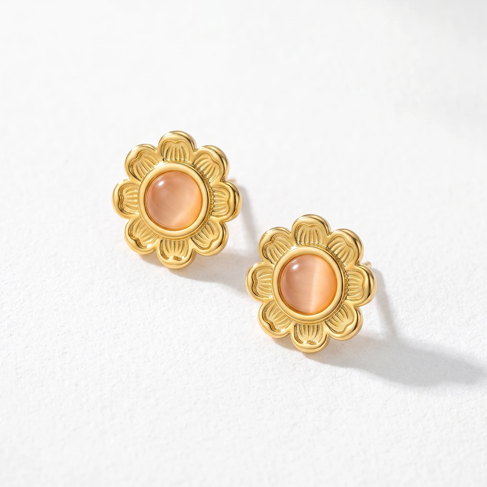 QIAOREN 13267 Gold Tone Daisy Flower Stud Earrings Inlaid Round Pink Cat Eye Stone Sunflower Shape Pin Studs Warm Retro Gentle