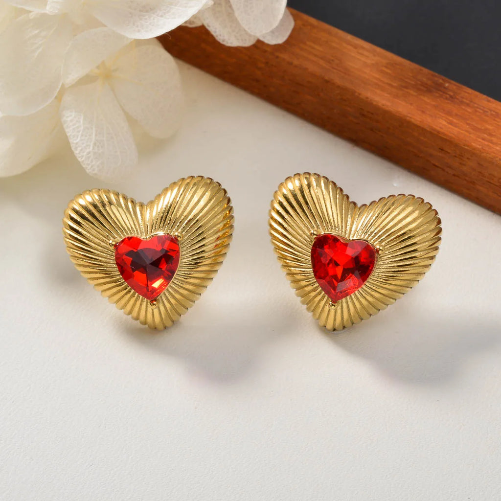 QIAOREN 12205 Gold Plated Stainless Steel Sunburst Heart Stud Earrings