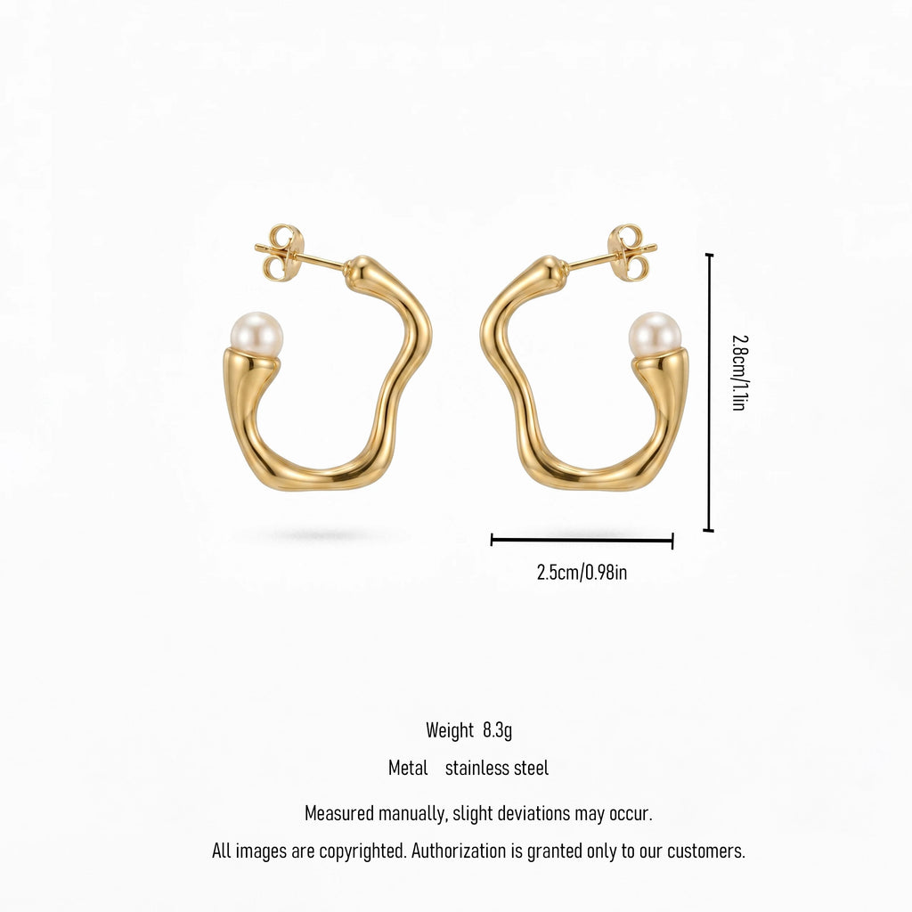 QIAOREN 12331 Elegant Quiet Luxury Irregular Molten Pearl Hoop Earrings Gold Stainless Steel Fluid C-Shaped Statement Studs Gift