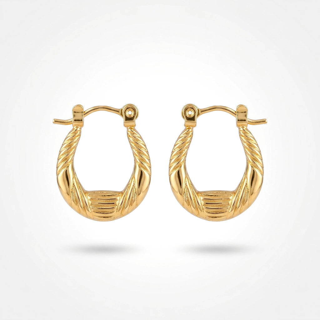 QIAOREN 12497  French Croissant Hoop Earrings Gold Stainless Steel Ribbed U-Shaped Twisted Rope Hoops Women US EU