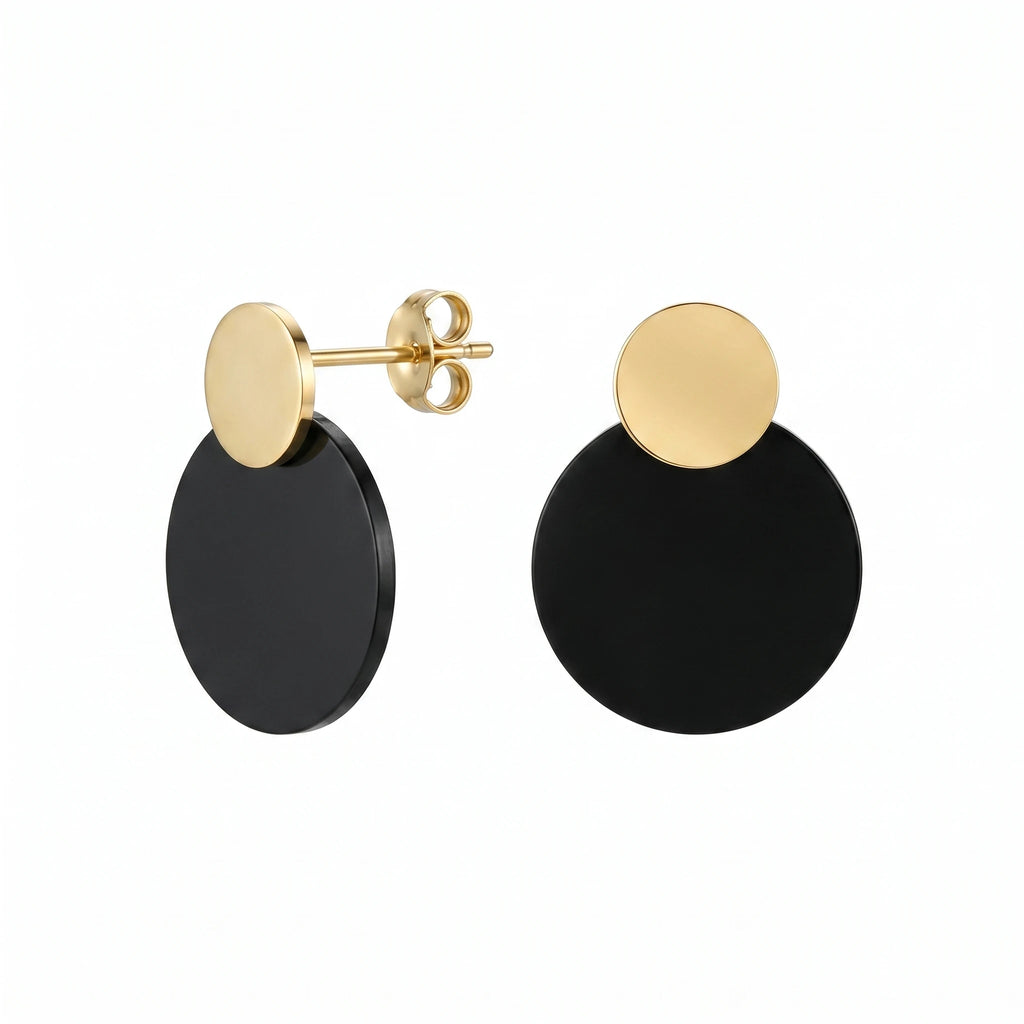 QIAOREN 11205 Modern Black Gold Disc Earrings Stainless Steel Minimalist Statement Stud Earrings for Women Fashion Jewelry