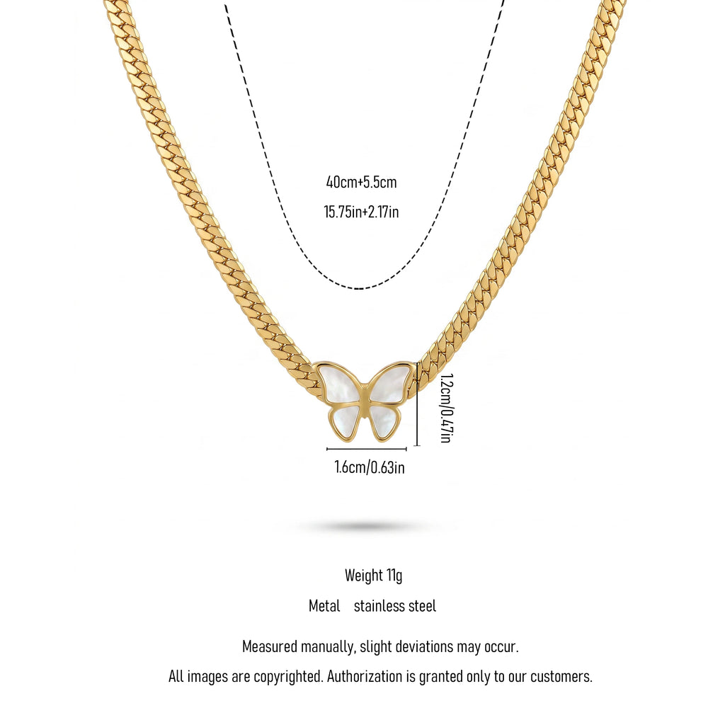 QIAOREN 13535 Flat Snake Choker Necklace with Inlaid White Shell Butterfly Pendant, Polished Wide Gold Chain