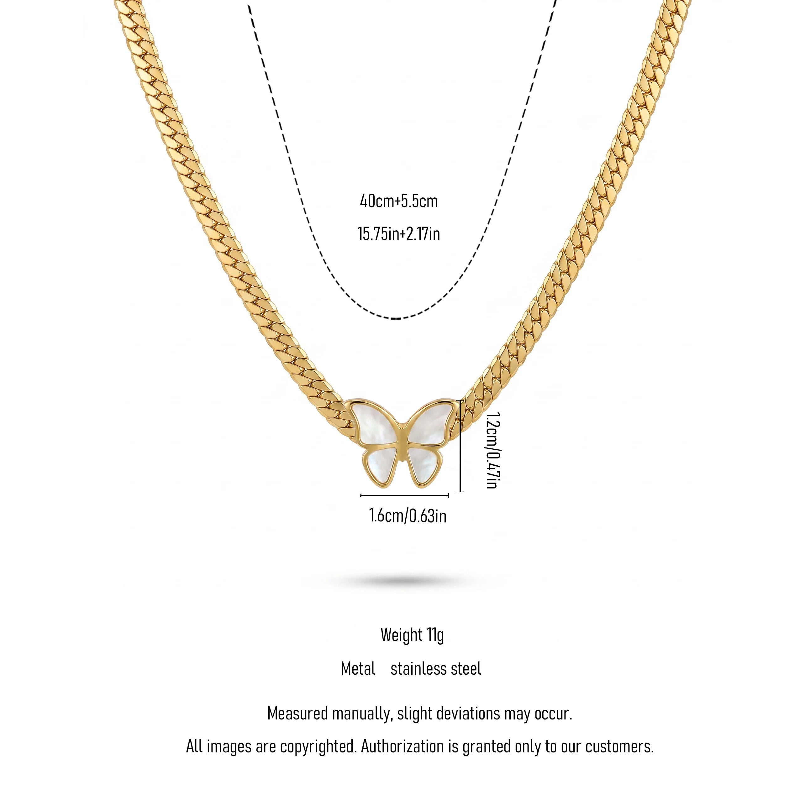 QIAOREN 13535 Flat Snake Choker Necklace with Inlaid White Shell Butterfly Pendant, Polished Wide Gold Chain