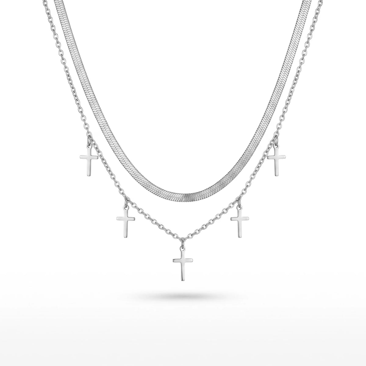 QIAOREN 11901 Women's 18K Gold Plated Stainless Steel Anti-Tarnish Double Layer Herringbone Chain Trendy Party Multiple Necklace