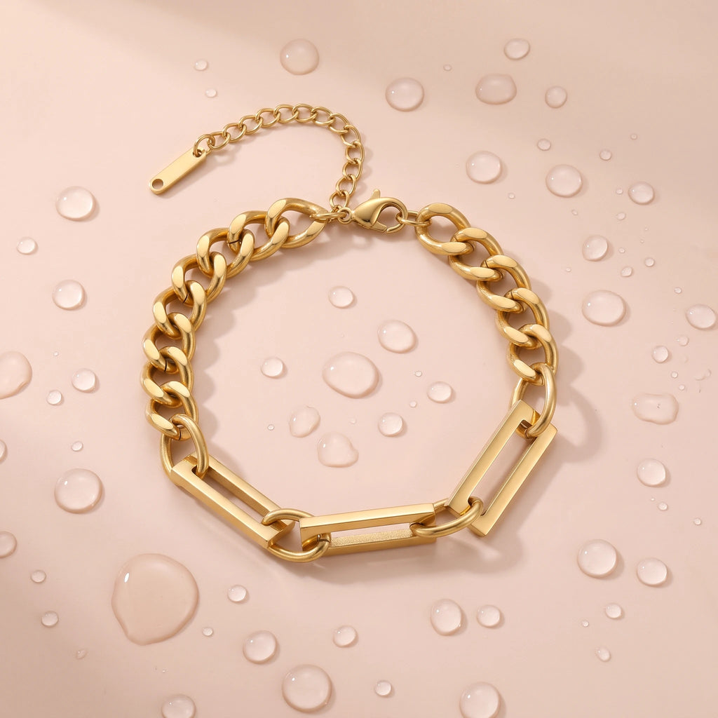 QIAOREN 13306 Stainless Steel Paperclip Cuban Link Chain Bracelet Waterproof Gold Chunky Bracelet for Women