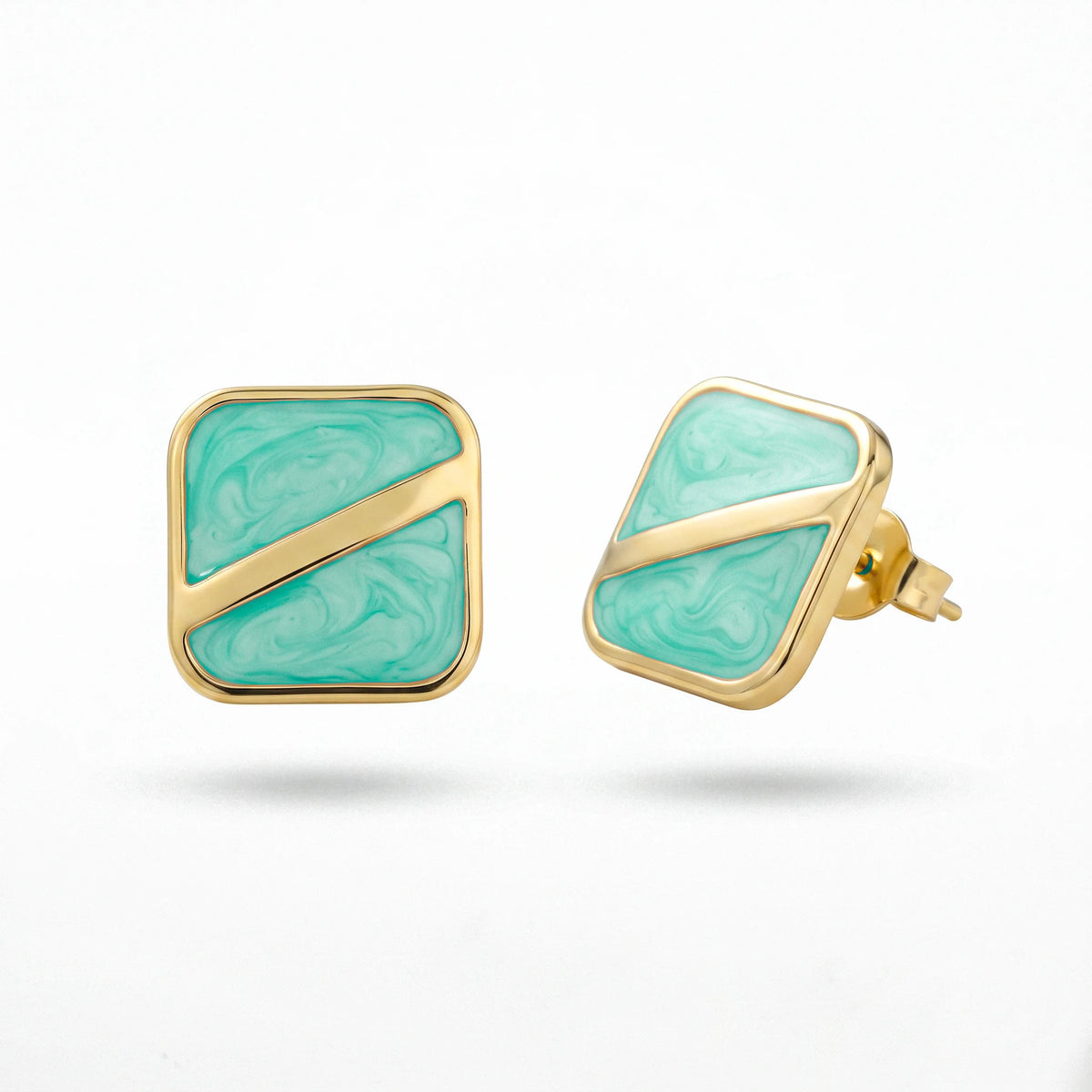 QIAOREN 13642-46 Geometric Square Marble Resin Stud Earring Set, Diagonal Gold Line Gloss Inlay Gold Frame