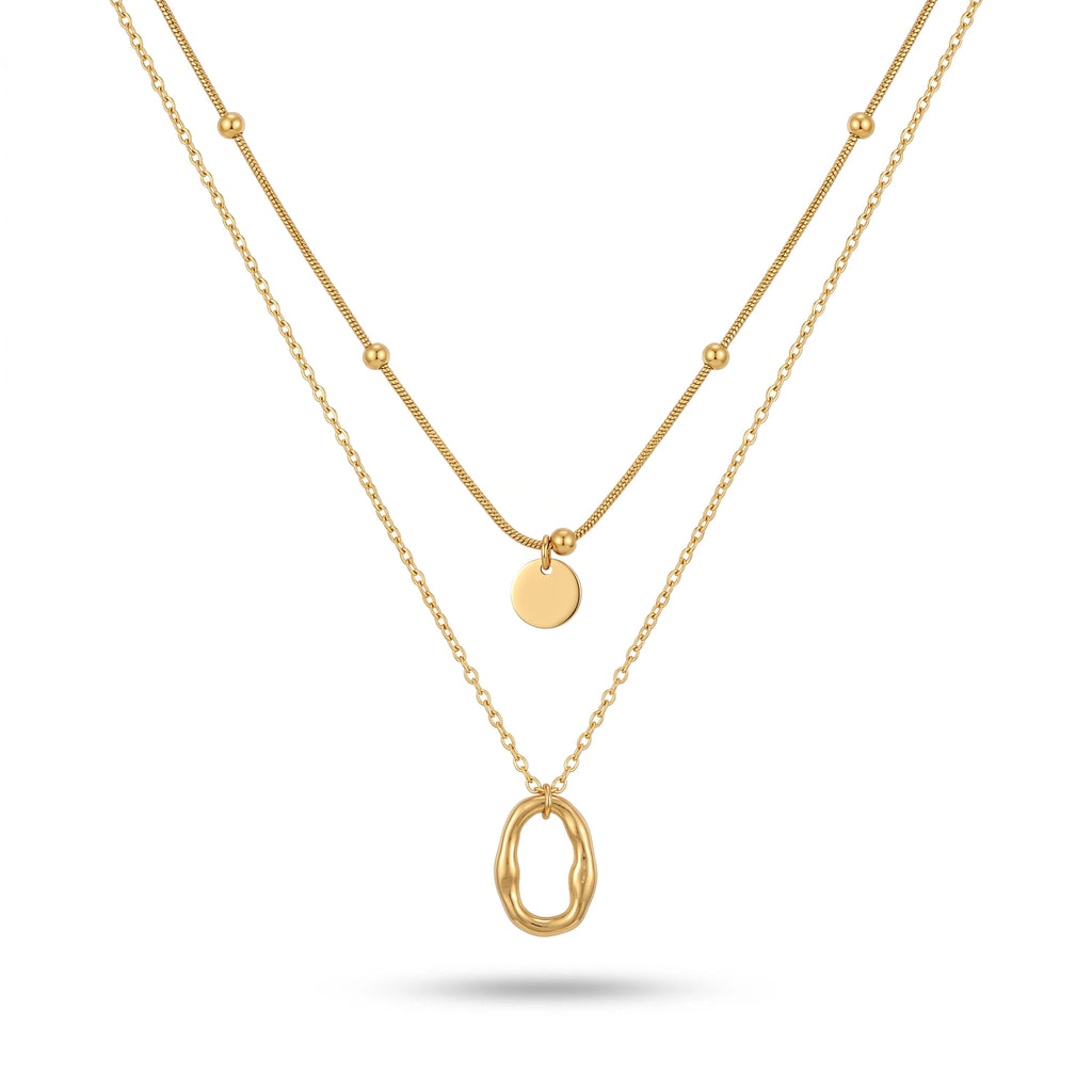 QIAOREN 13812 Double Layer Stacked Pendant Necklace with Beaded Snake Chain & Smooth Disc Charm, Outer Oval Link Chain