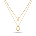 QIAOREN 13812 Double Layer Stacked Pendant Necklace with Beaded Snake Chain & Smooth Disc Charm, Outer Oval Link Chain