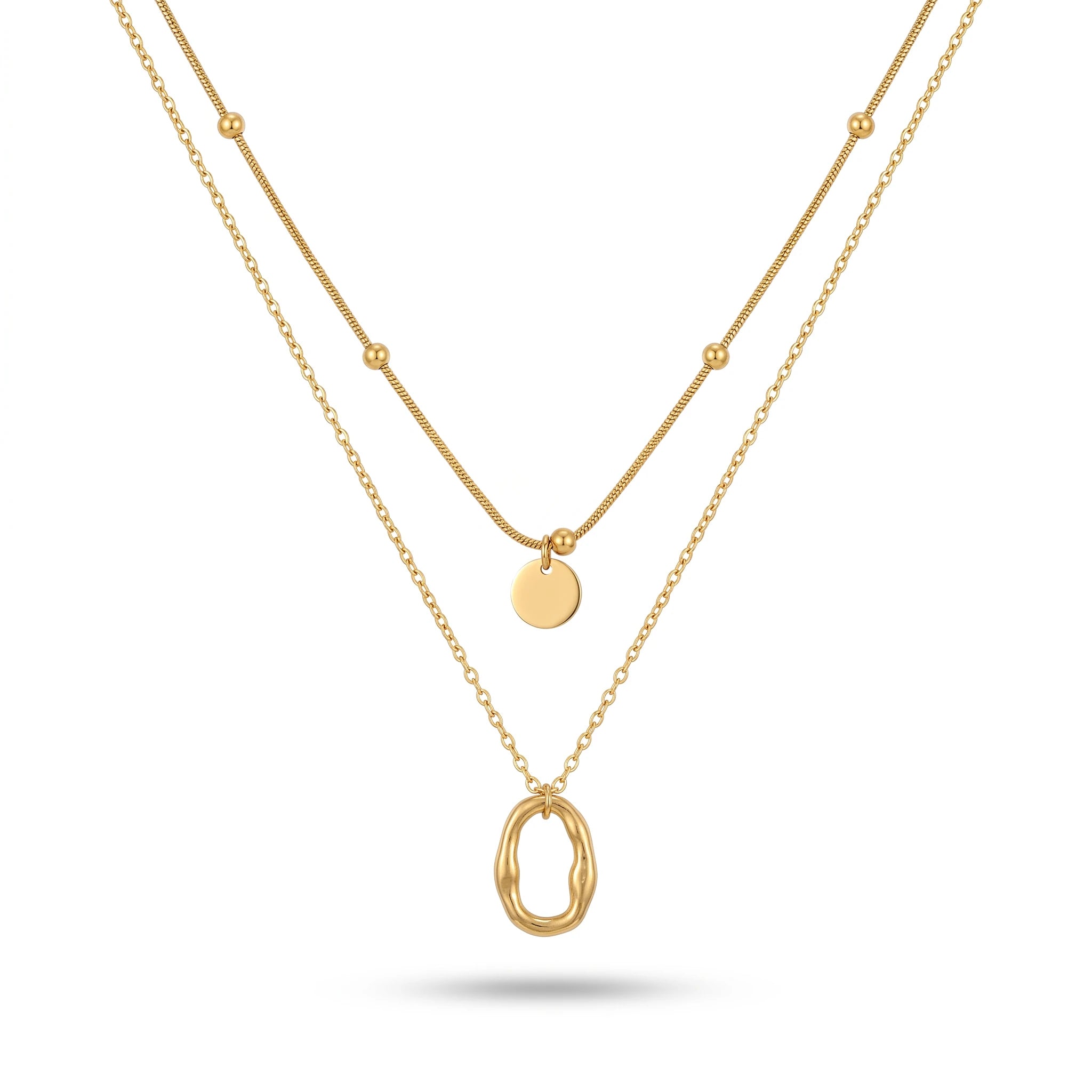 QIAOREN 13812 Double Layer Stacked Pendant Necklace with Beaded Snake Chain & Smooth Disc Charm, Outer Oval Link Chain