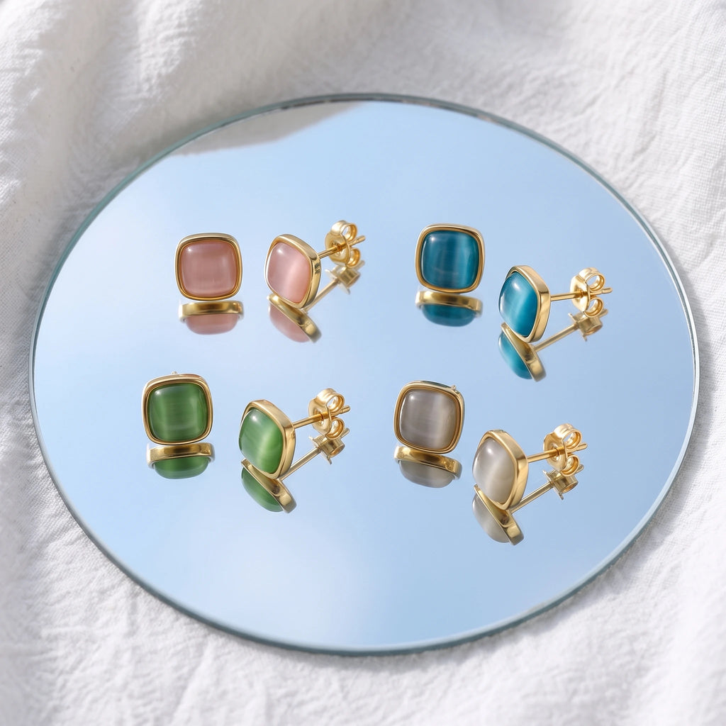 QIAOREN 13705-08 Square Cat Eye Stone Stud Earring Set, Multi Color Pink Blue Green White Smooth Cabochon Gem Gold Jewelry
