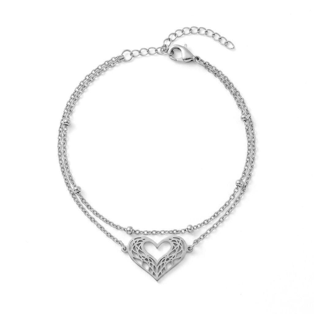 QIAOREN 11944 Trendy Filigree Heart Layered Bracelet Stainless Steel 18K Gold Plated Cutout Love Heart Satellite Chain Jewelry