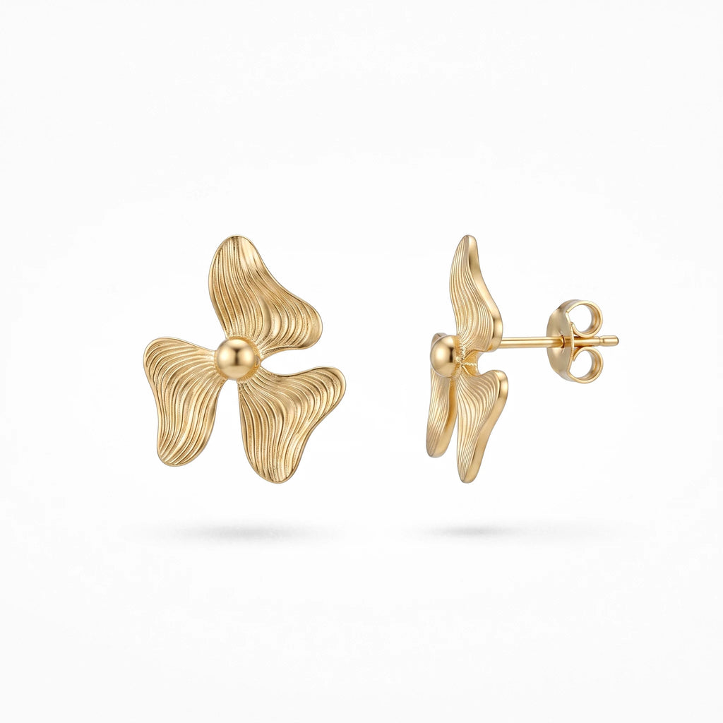 QIAOREN 14015 Matte Gold Three Petal Textured Flower Stud Earrings with Round Ball Center
