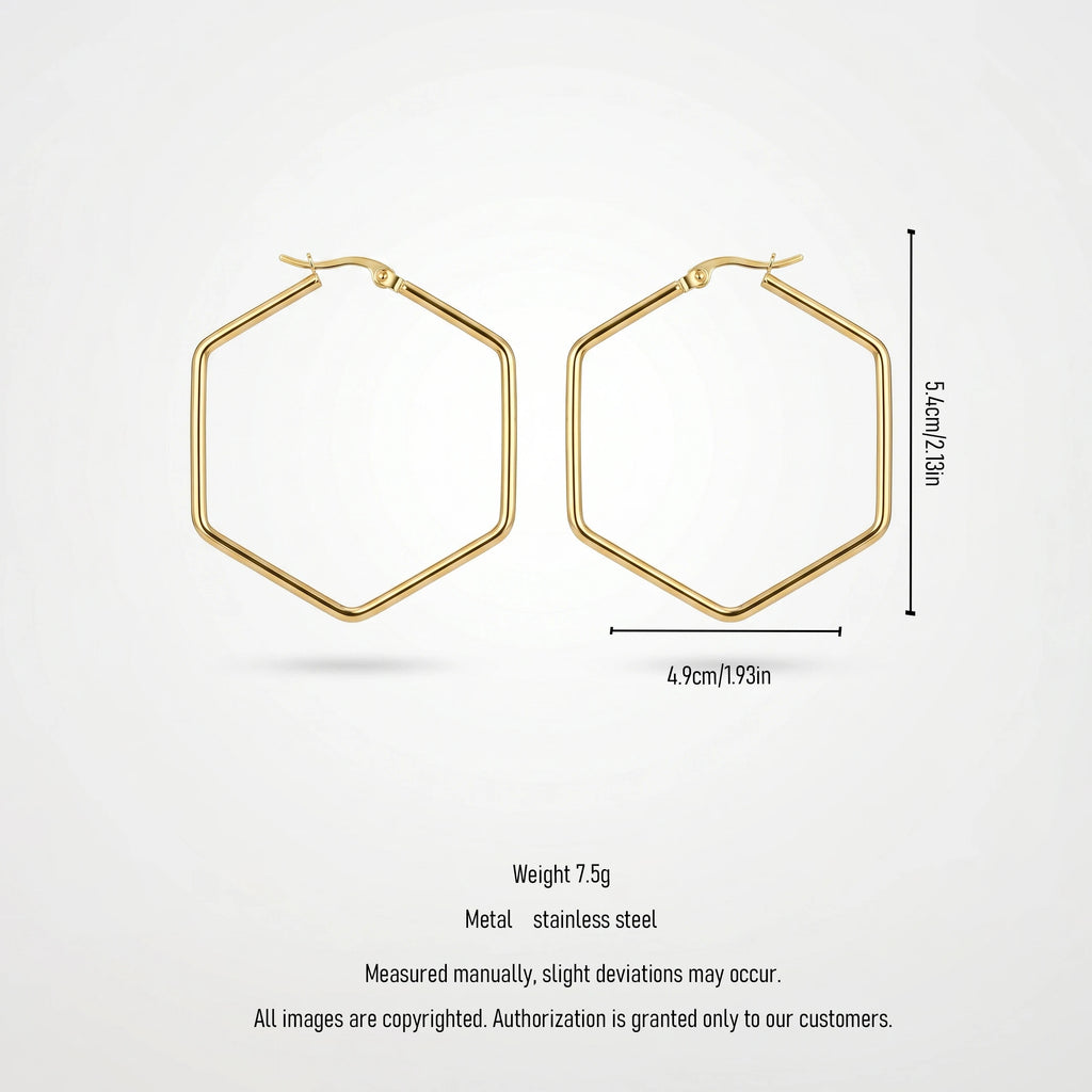 QIAOREN 12325 Trendy Geometric Hexagon Hoop Earrings Gold Stainless Steel Sleek Six Sided Polygon Large Hoops Women US EU