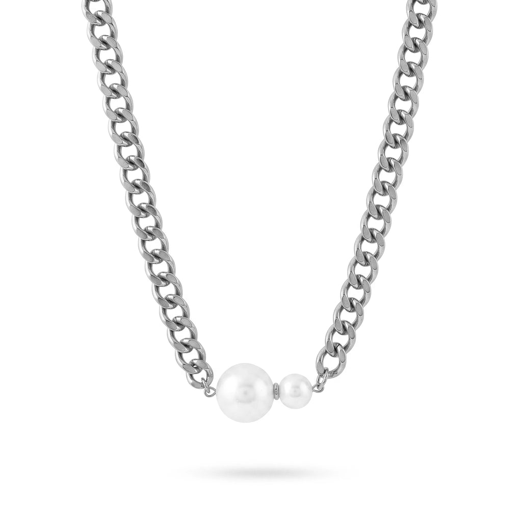 QIAOREN 13996 Thick Curb Link Chain Necklace with Alternating Large and Small Round White Pearl Charms