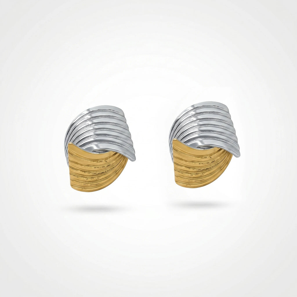 QIAOREN 12761 Stainless Steel Two Tone Layered Twist Stud Earrings Silver Gold Ridged Curved Statement Ear Jewelry for Women