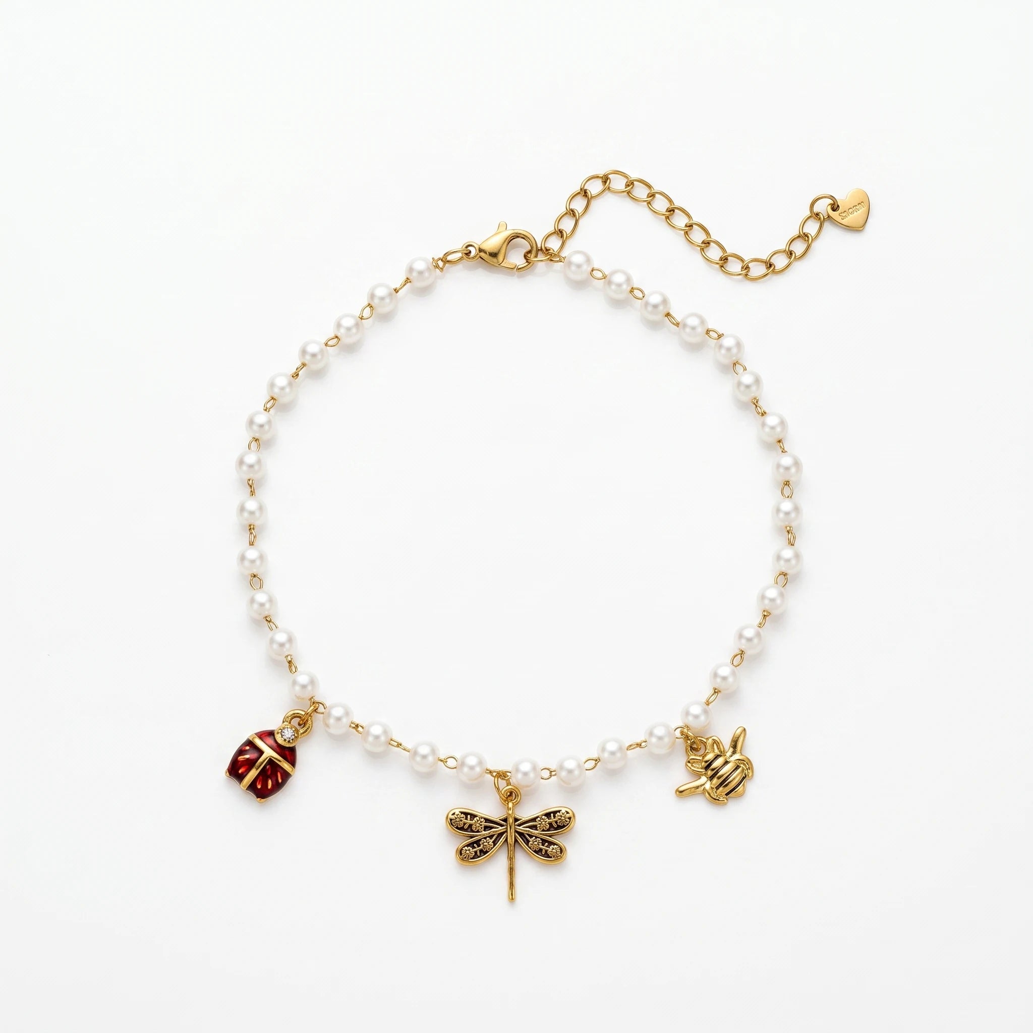 QIAOREN 13307 Vintage Insect Charm Pearl Anklet Stainless Steel Dragonfly Bee Ladybug Lobster Clasp Heart Extension Chain