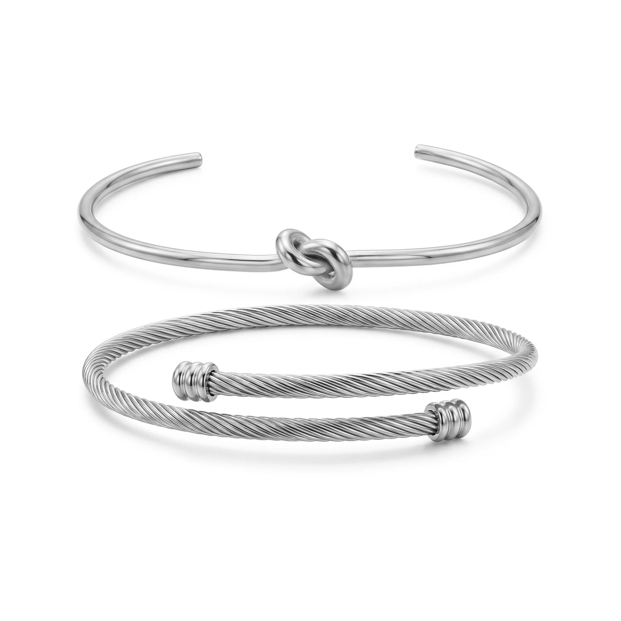 QIAOREN 10613 2pcs Knot & Twisted Cable Cuff Bangle Set 18K Gold Plated Stainless Steel Waterproof Tarnish Free Bracelets
