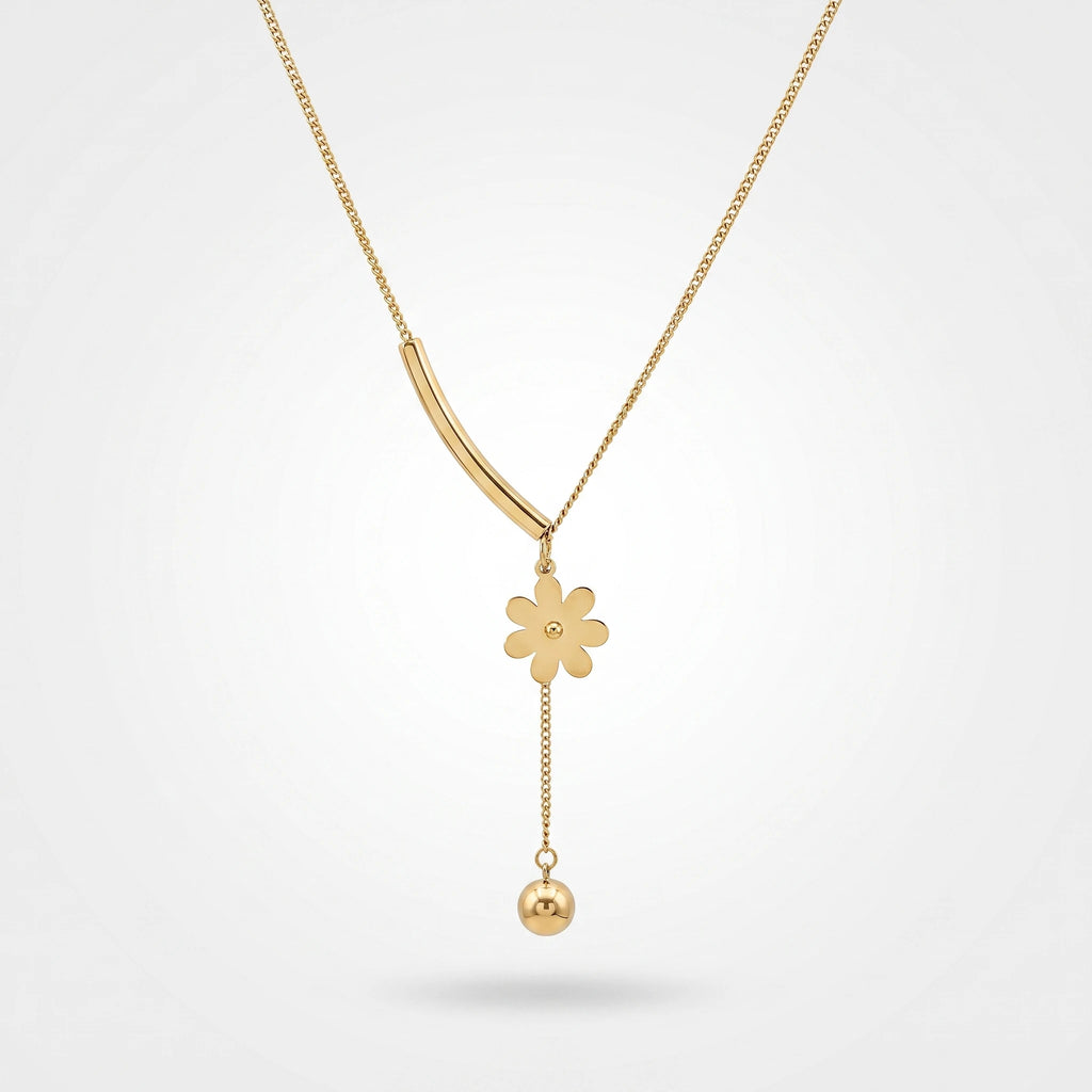 QIAOREN 13474 Dainty Y Drop Floral Necklace with Curved Bar, Solid Flower & Round Ball Pendant, Minimalist Thin Chain Necklace