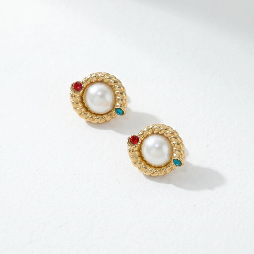 QIAOREN 12262 Byzantine Vintage Pearl Stud Earrings Gold Stainless Steel Twisted Rope Red Blue CZ Accent Jewelry Women US EU