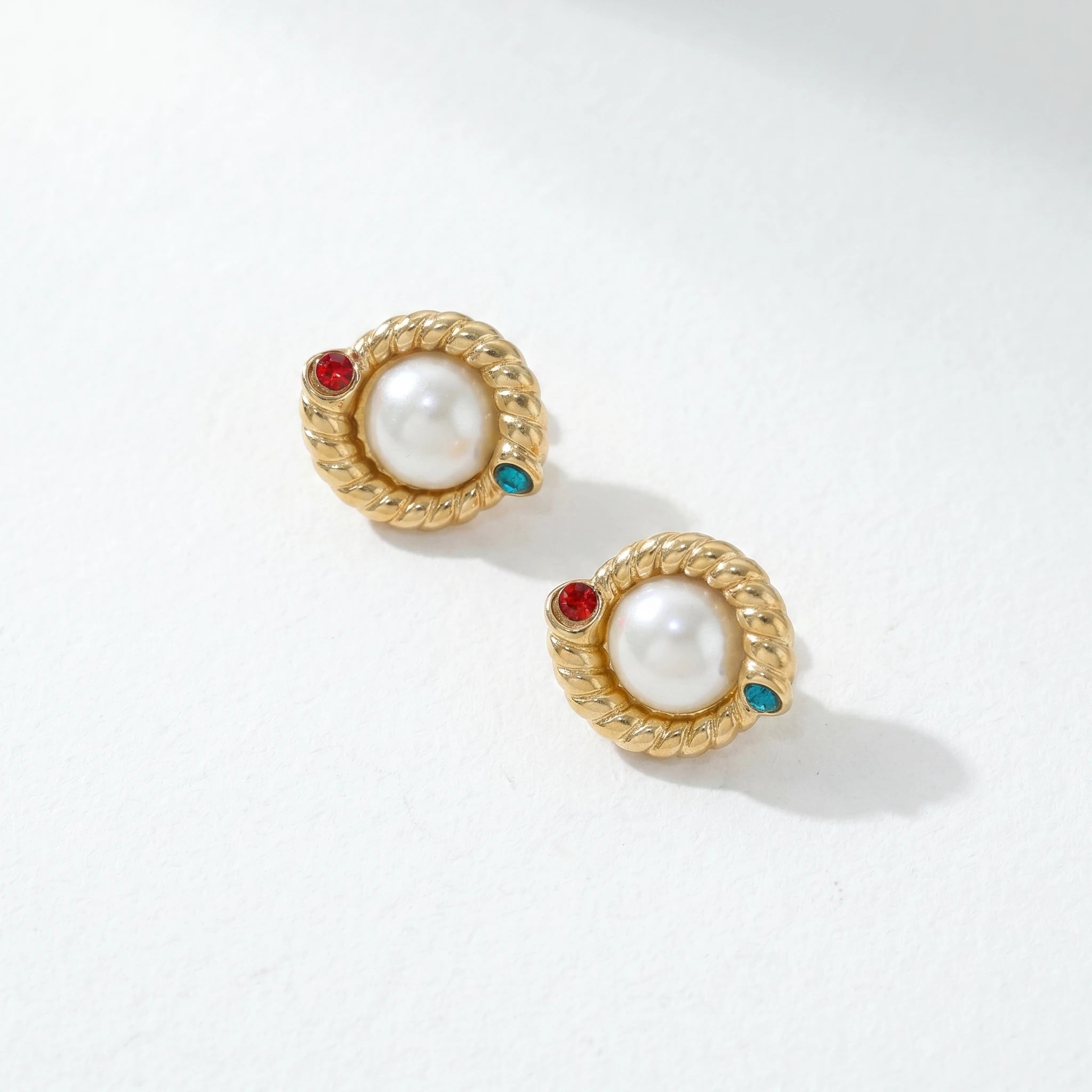 QIAOREN 12262 Byzantine Vintage Pearl Stud Earrings Gold Stainless Steel Twisted Rope Red Blue CZ Accent Jewelry Women US EU
