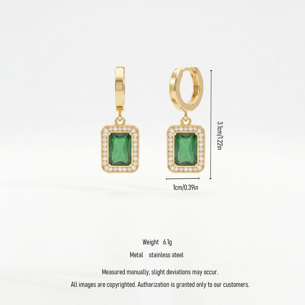 QIAOREN 13442 Gold Tone Rectangle Emerald Crystal Drop Stud Earrings  Dangle Earrings Luxury Vintage Jewelry Gift