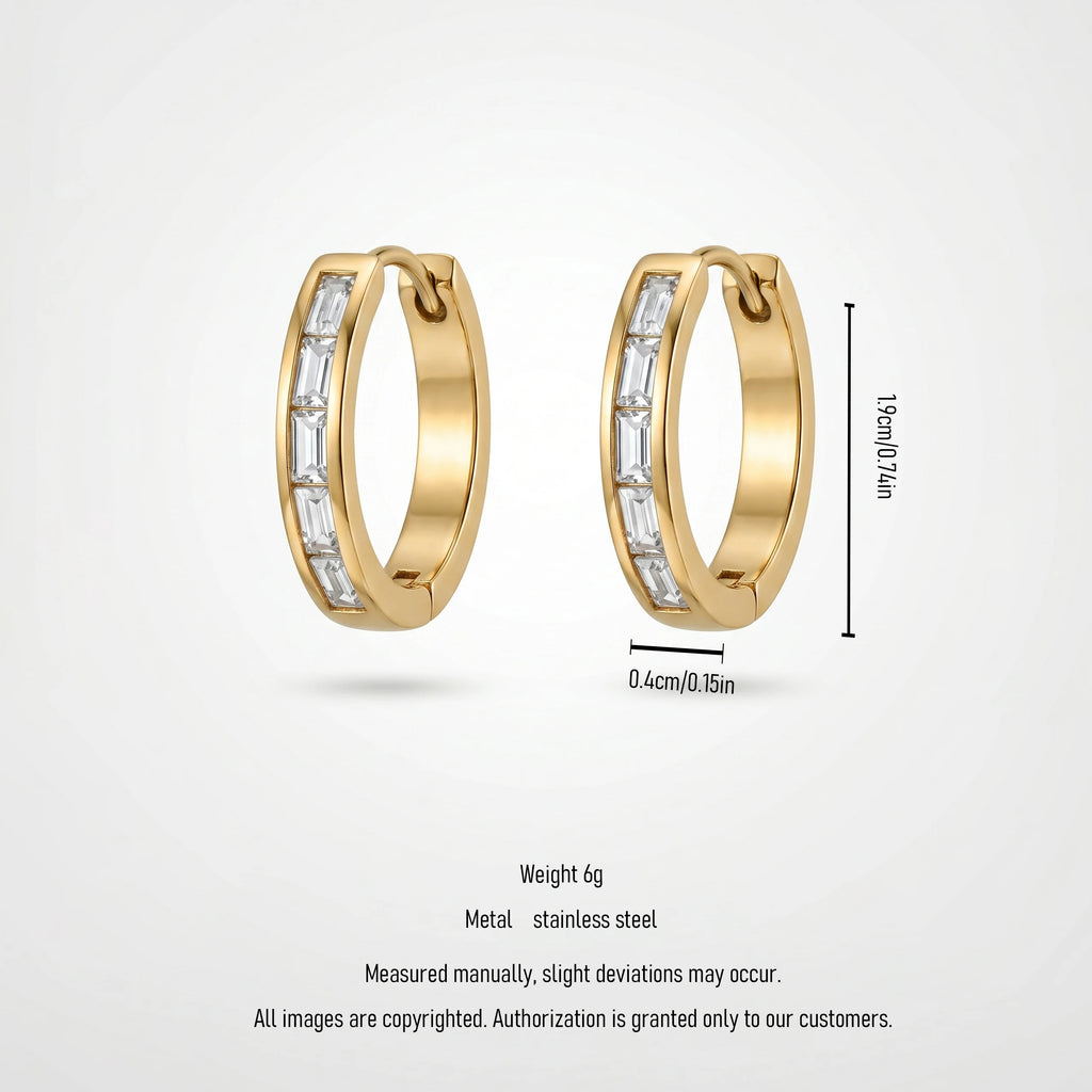 QIAOREN 12337 Baguette CZ Matte Gold Huggie Hoop Earrings Stainless Steel Brushed Satin Channel Set Quiet Luxury Women US EU