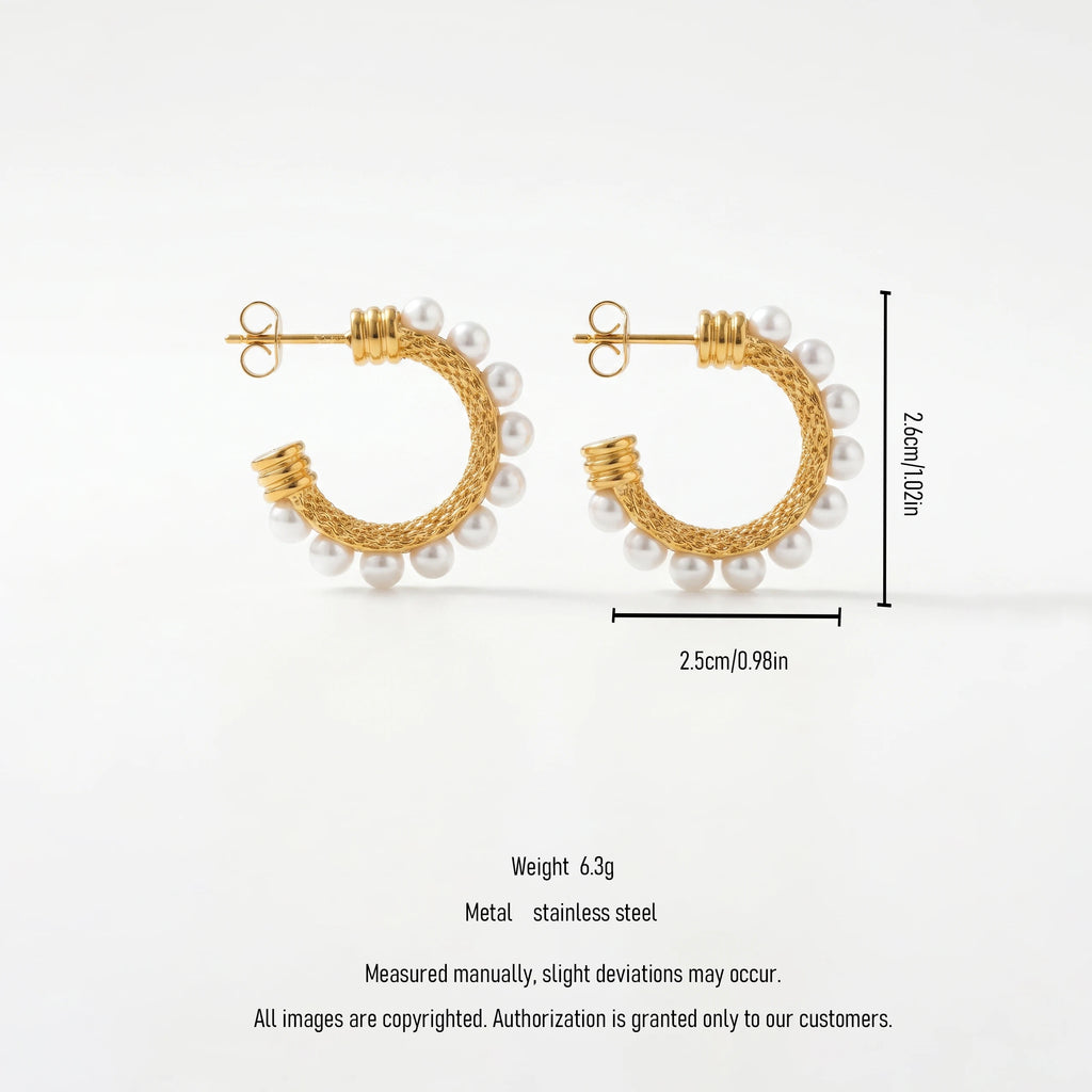 QIAOREN 12396 French Retro Woven Mesh Pearl C Hoop Earrings Gold Stainless Steel Knitted Cable Textured Open Hoops Women US EU