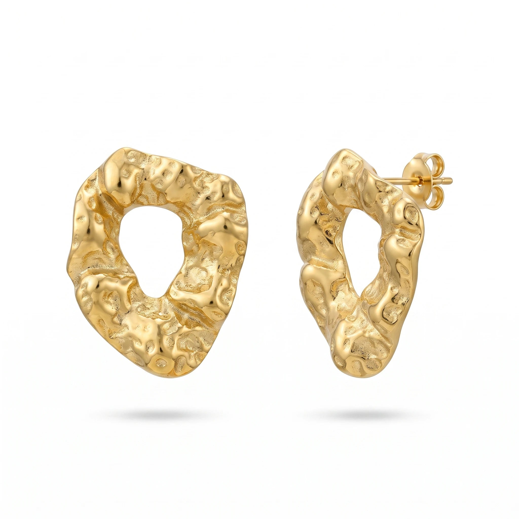 QIAOREN 14065 Hammered Irregular Hollow Oval Stud Earrings, Crinkled Organic Textured Open Ring Ear Stud Jewelry Gift