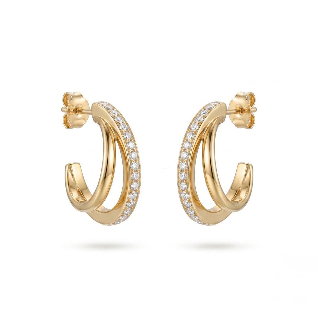QIAOREN 12313 Trendy CZ Pave Double Hoop Earrings Gold Stainless Steel Stacked Layered C Shape Half Hoops Jewelry Women US EU