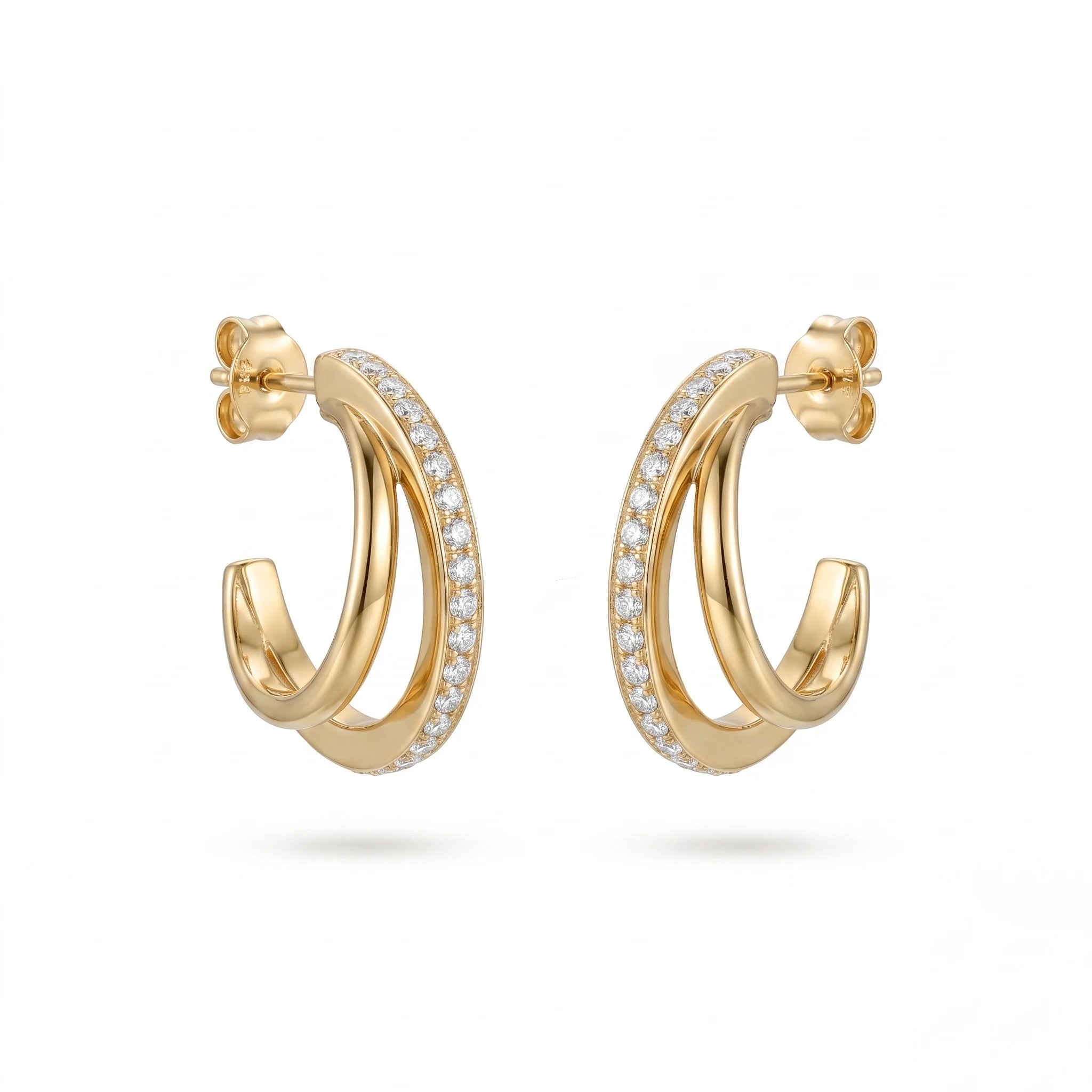 QIAOREN 12313 Trendy CZ Pave Double Hoop Earrings Gold Stainless Steel Stacked Layered C Shape Half Hoops Jewelry Women US EU