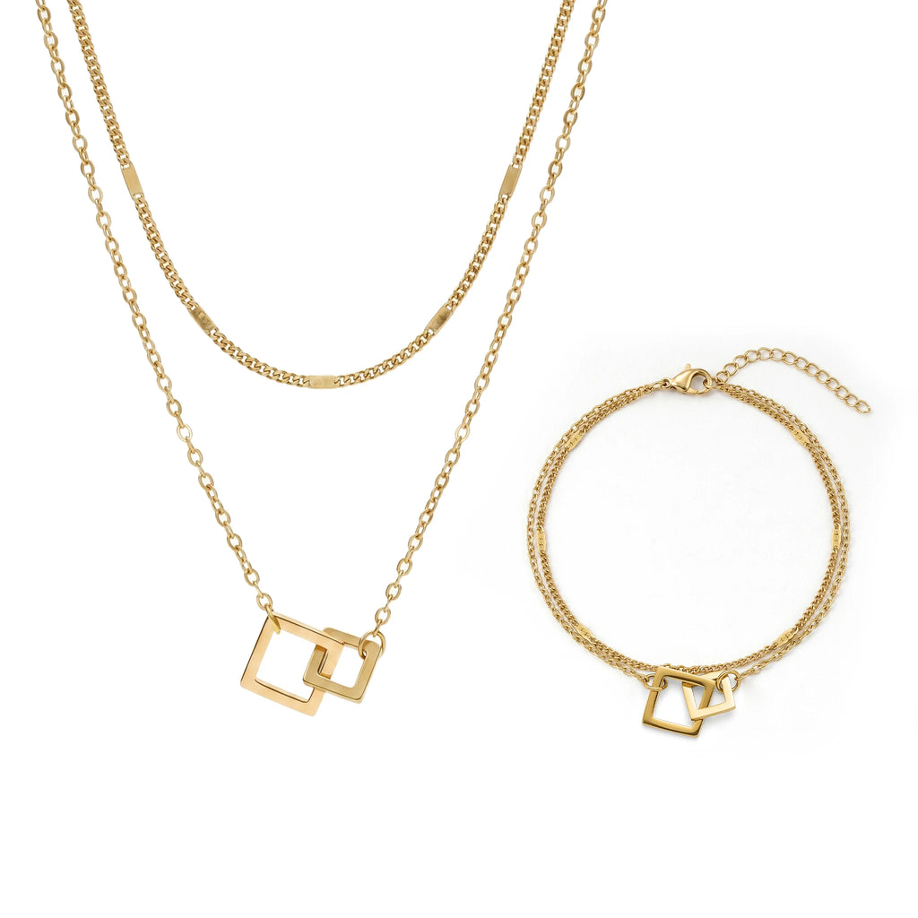 QIAOREN 11641 Women's Versatile Gold Quartz Geometric Jewelry Set 18K Stainless Steel Layered Necklace Bracelet Trendy for