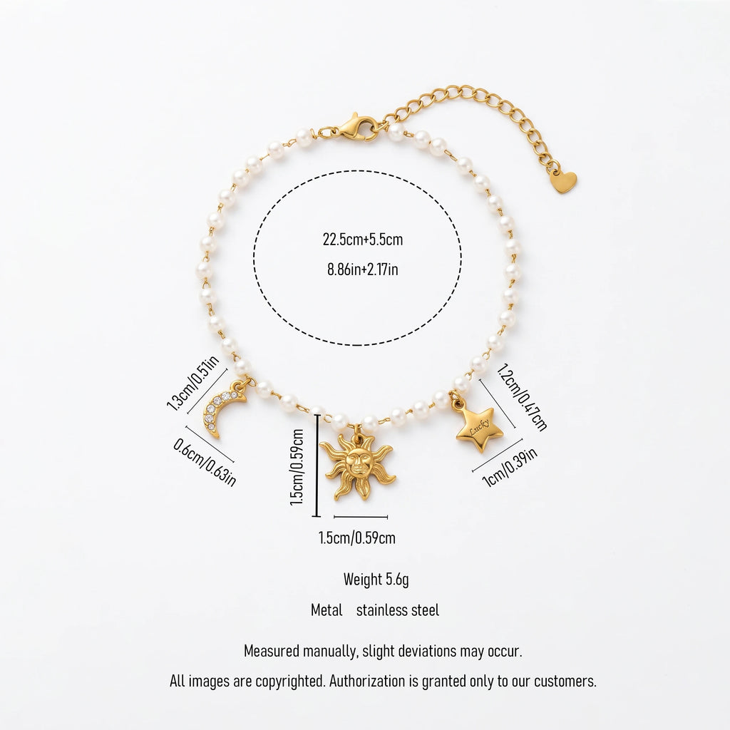 QIAOREN 13312 Celestial Charm Pearl Anklet Stainless Steel Carved Sun Crystal Moon Lucky Star Pendant Lobster Clasp