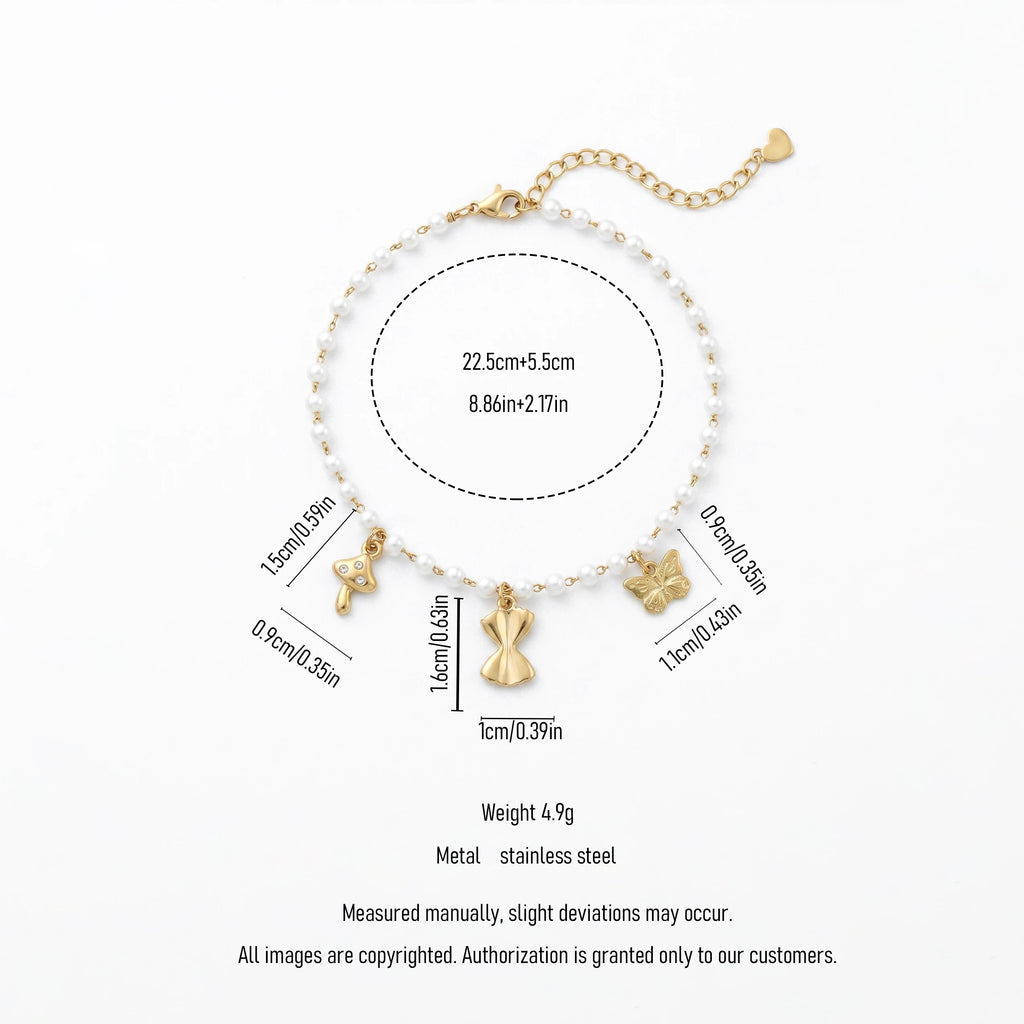 QIAOREN 13326 Mini Pearl Anklet with Mushroom, Bow & Butterfly Charms, Fairy Foot Jewelry Gift for Daily Summer Casual Look