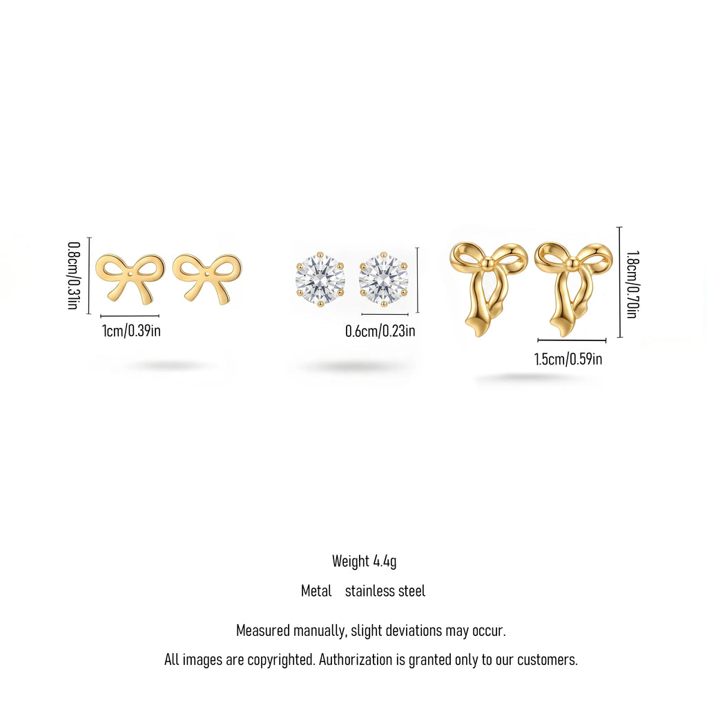 QIAOREN 13251 3 PCS Set 18K Gold Plated Stainless Steel 3 Pairs Bow & Zircon Stud Earrings Set Minimalist Hollow Solid Bow CZ