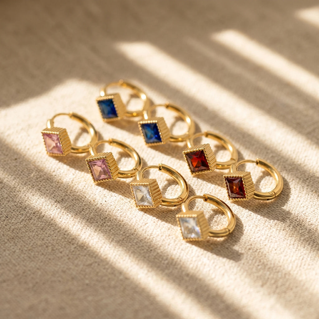 QIAOREN 12121-24 18K Gold Plated Stainless Steel Huggie Hoop Earrings Princess Cut Square CZ Inlaid Textured Bezel Ear Buckle