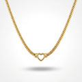 QIAOREN 13538 Chunky Flat Cuban Link Choker Necklace with Hollow Open Heart Center Charm, Polished Thick Gold Chain Necklace
