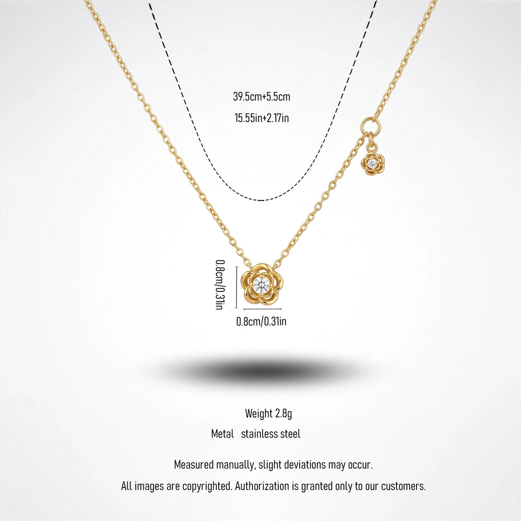 QIAOREN 13724 Thin Cable Chain Necklace with Two Hollow Layered Flower Charms Inlaid Single Round Clear Zircon Jewelry