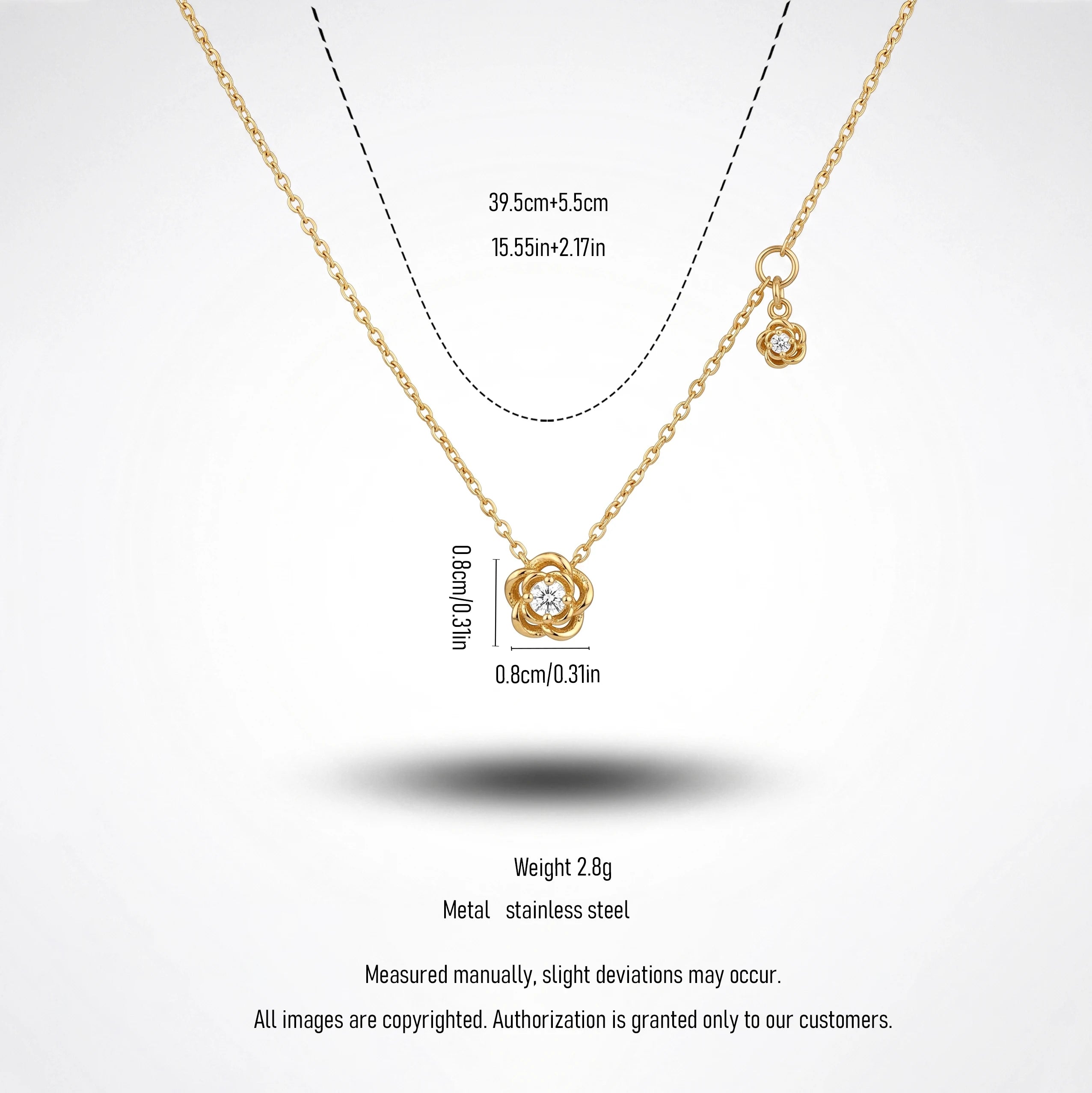 QIAOREN 13724 Thin Cable Chain Necklace with Two Hollow Layered Flower Charms Inlaid Single Round Clear Zircon Jewelry