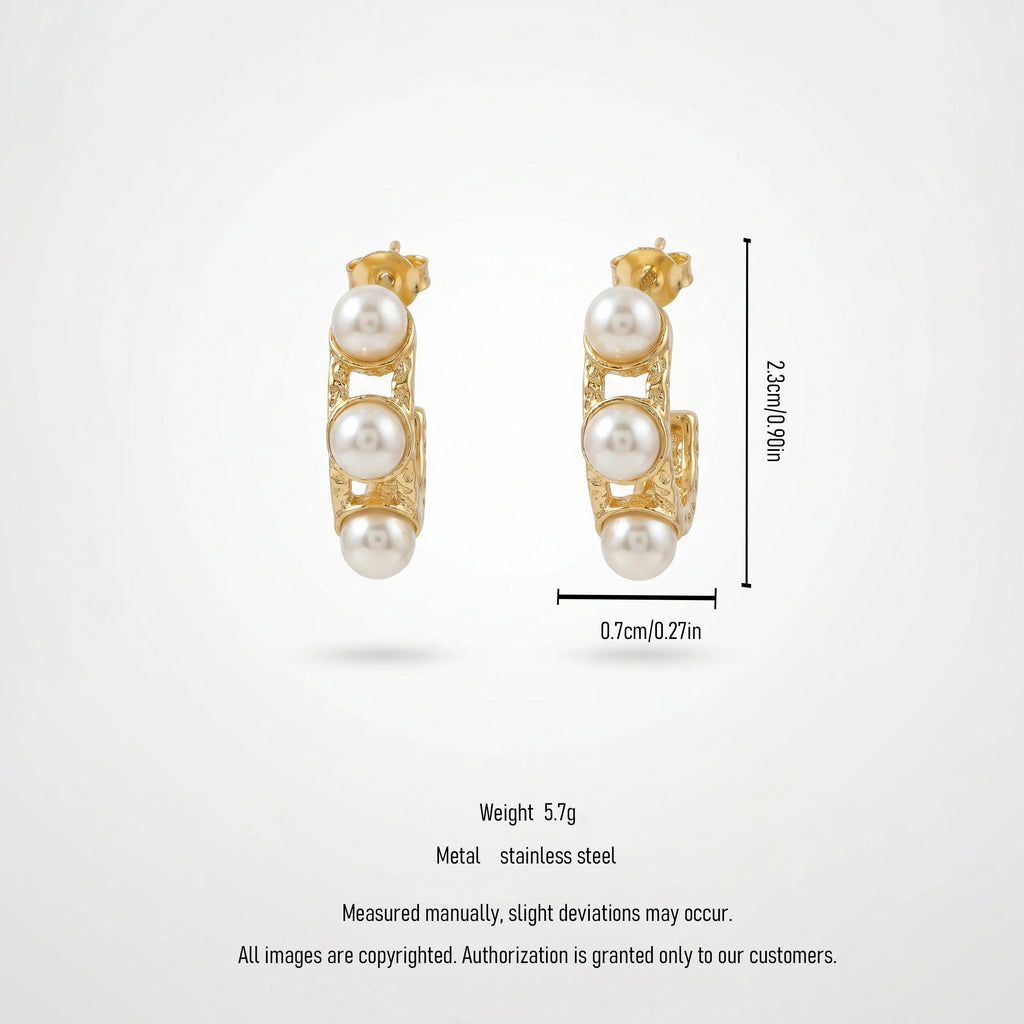 QIAOREN 12397 Trendy Hammered Pearl Hoop Earrings Gold Stainless Steel Triple Pearl Wide C Hoops Textured Studs Women US EU