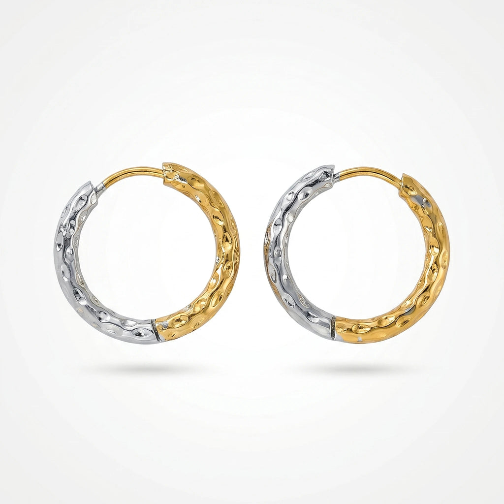 QIAOREN 12424Trendy Mixed Metal Hoop Earrings Two Tone Hammered Stainless Steel Gold Silver Contrast Huggie Hoops Women US EU