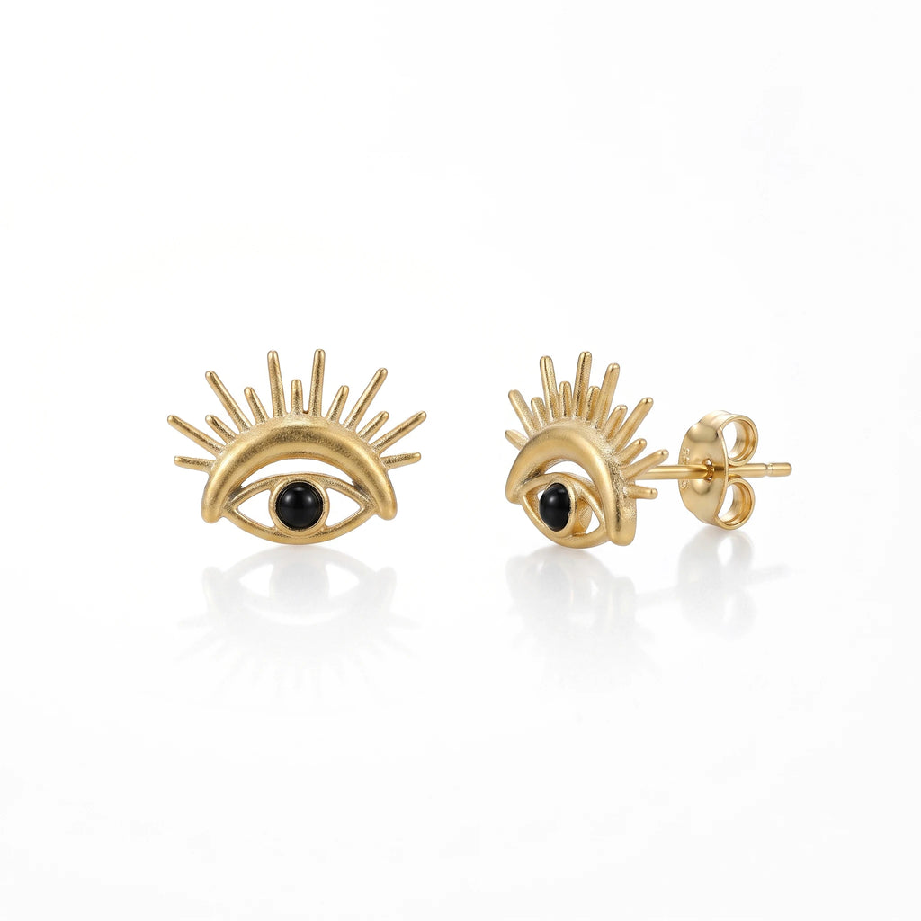 QIAOREN 14033 Matte Gold Stud Earrings With Sunburst Spike Detail, Black Round Bead Inlay Protective Symbol Ear Stud