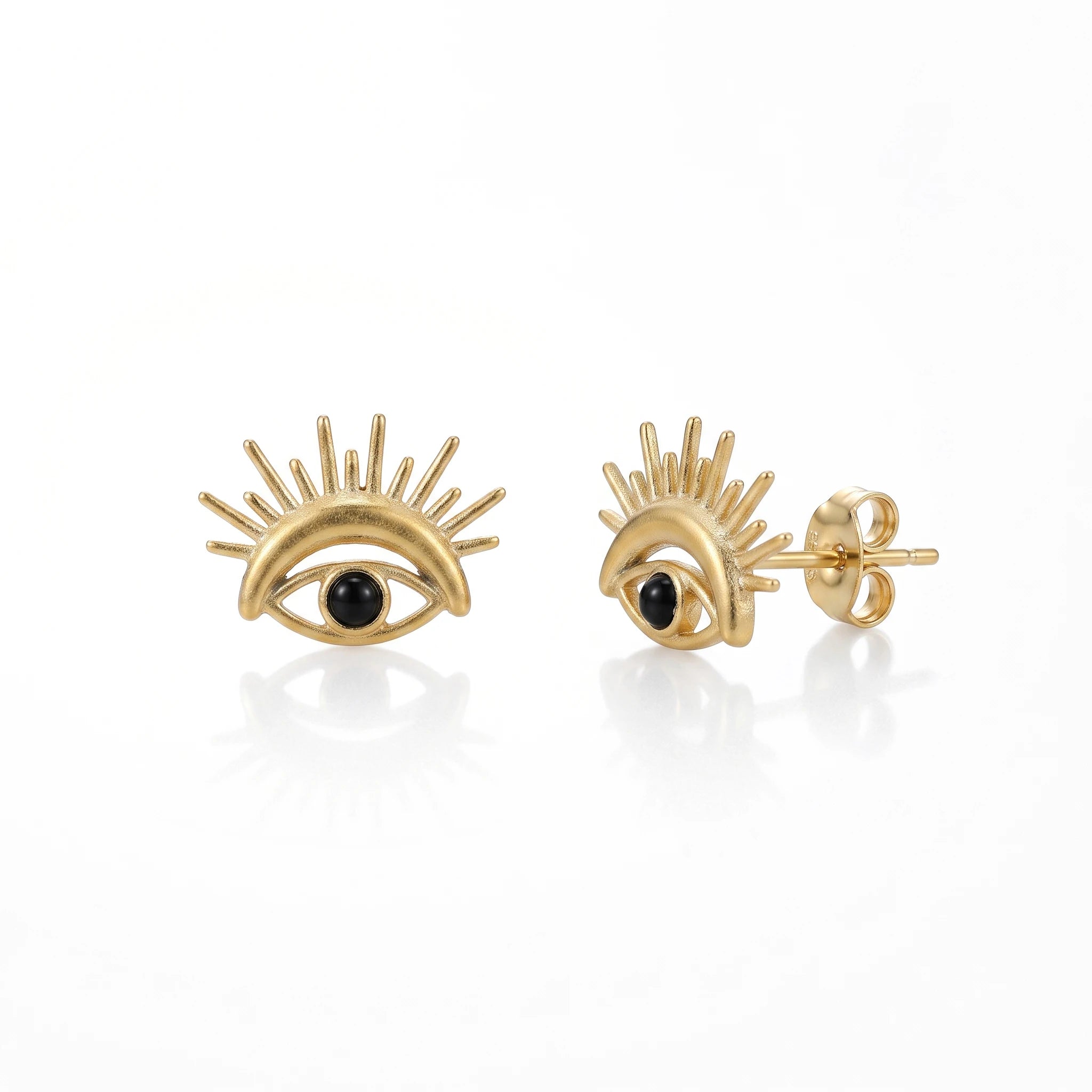 QIAOREN 14033 Matte Gold Stud Earrings With Sunburst Spike Detail, Black Round Bead Inlay Protective Symbol Ear Stud