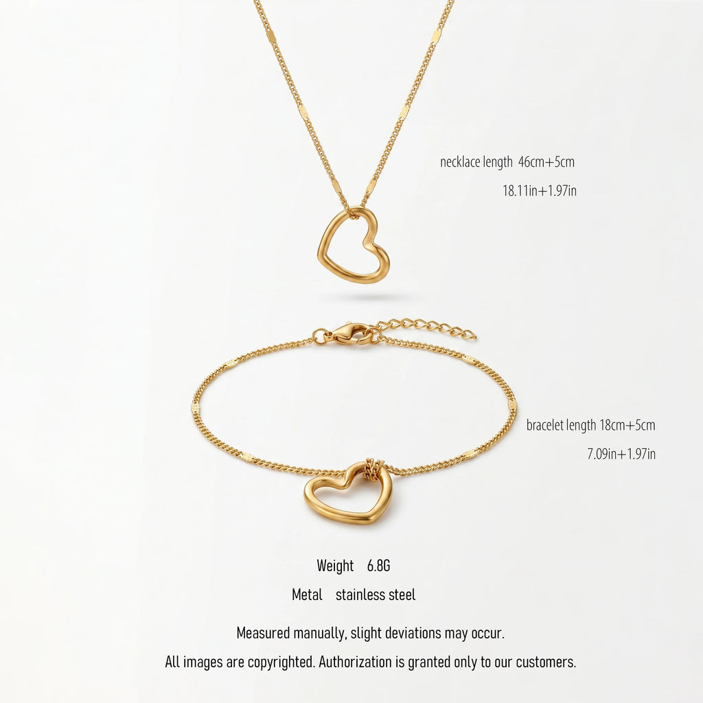QIAOREN 10647 Irregular Hollow Heart Matching Jewelry Set 18K Gold Plated Stainless Steel No-Fade Necklace Bracelet Women