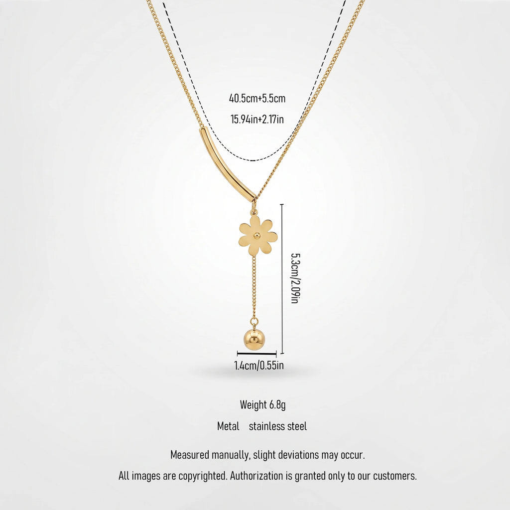 QIAOREN 13474 Dainty Y Drop Floral Necklace with Curved Bar, Solid Flower & Round Ball Pendant, Minimalist Thin Chain Necklace