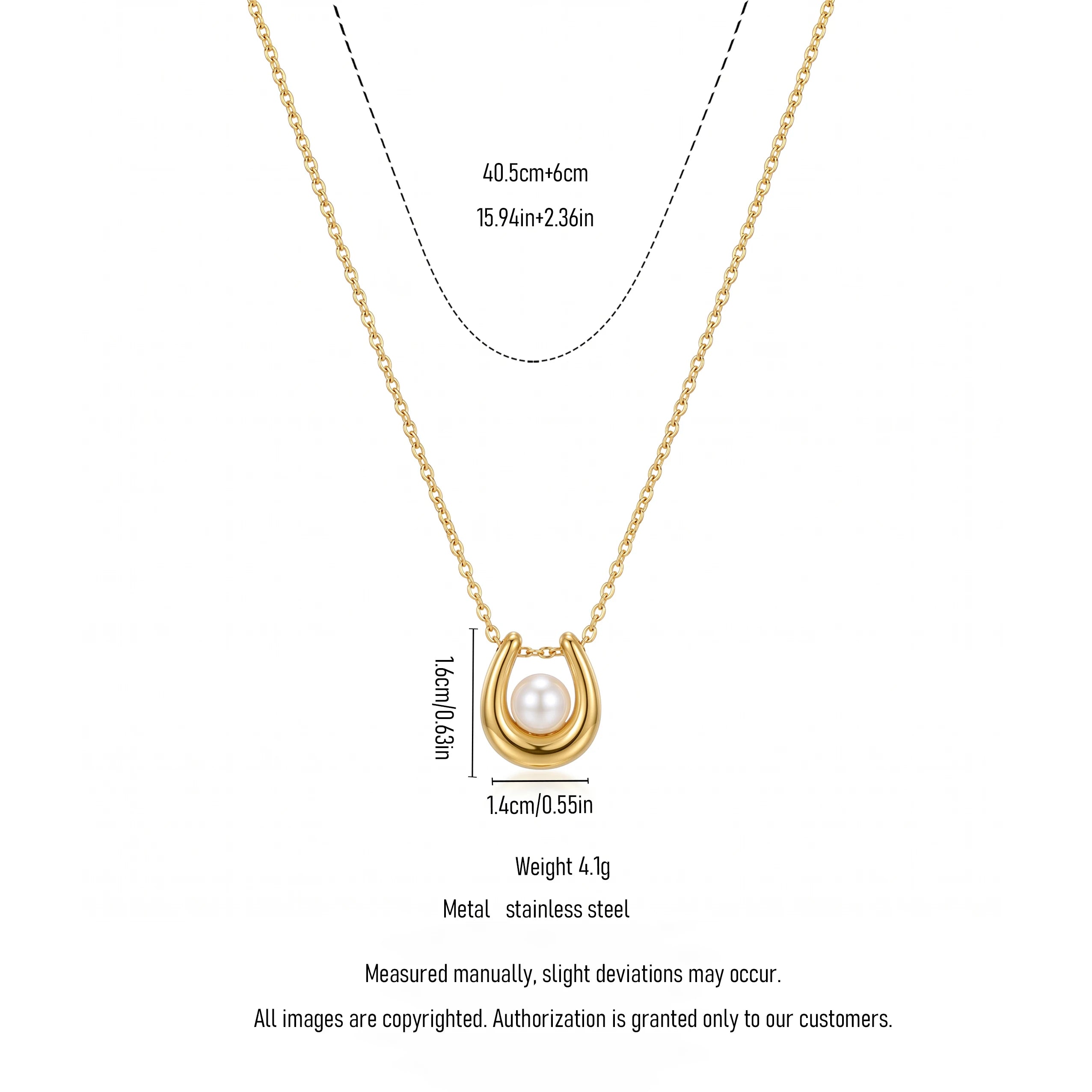 QIAOREN 13813 Thin Oval Link Chain Pendant Necklace with Smooth U-Shaped Horseshoe Frame Charm Inlaid Single Round White Pearl
