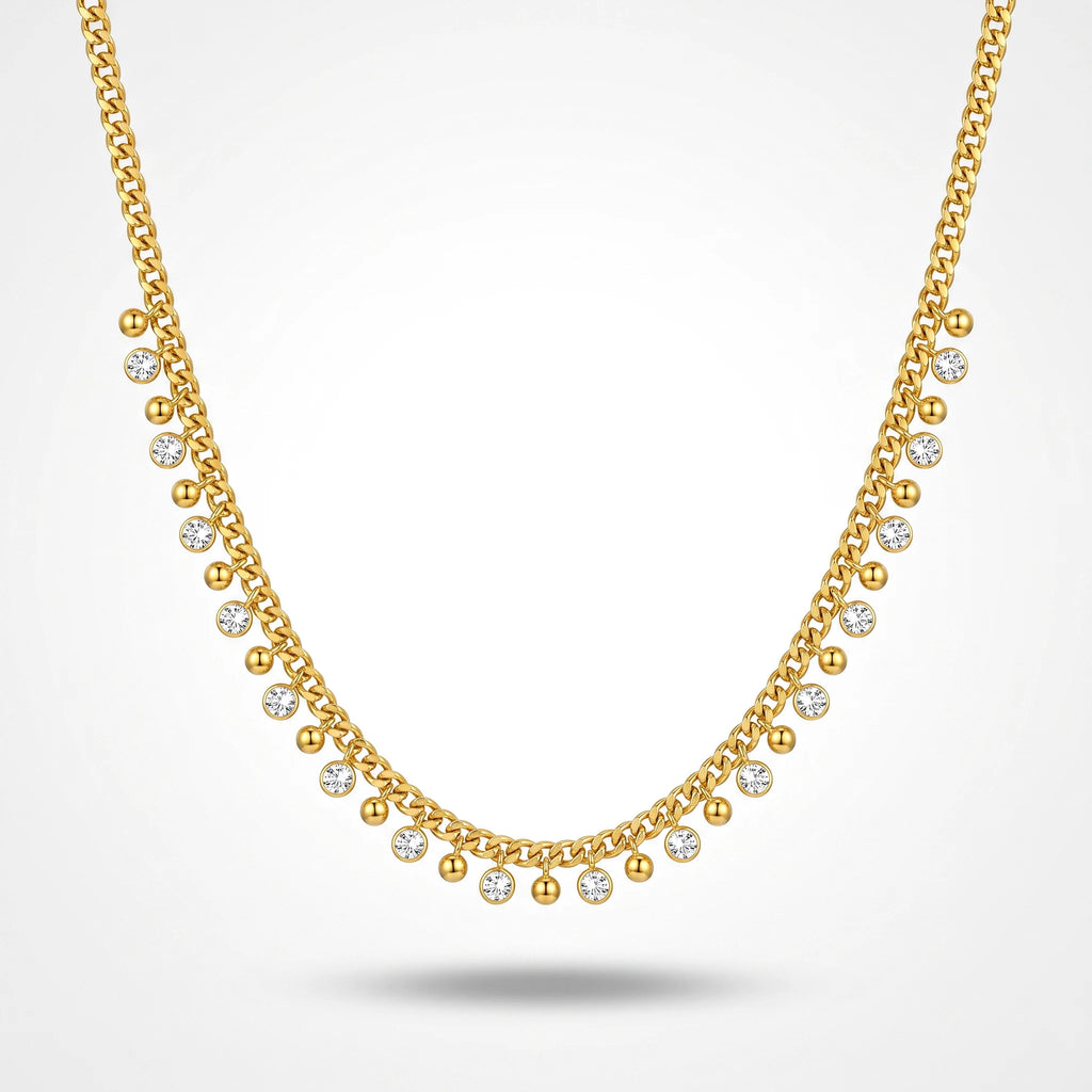 QIAOREN 13501 Chunky Cuban Chain Choker Necklace with Dangle Round Ball & Bezel Crystal Charms, Dainty Gold Station Necklace