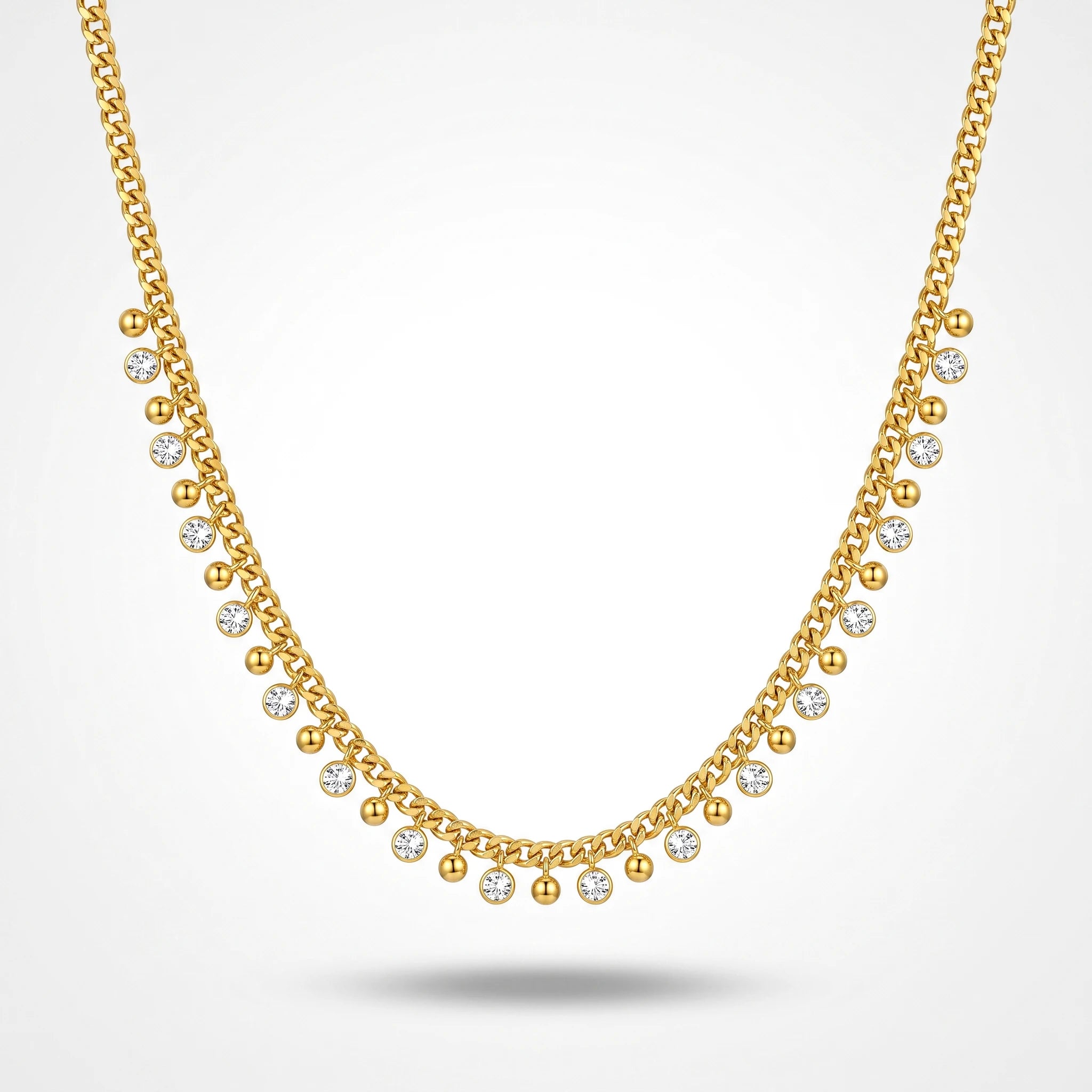 QIAOREN 13501 Chunky Cuban Chain Choker Necklace with Dangle Round Ball & Bezel Crystal Charms, Dainty Gold Station Necklace