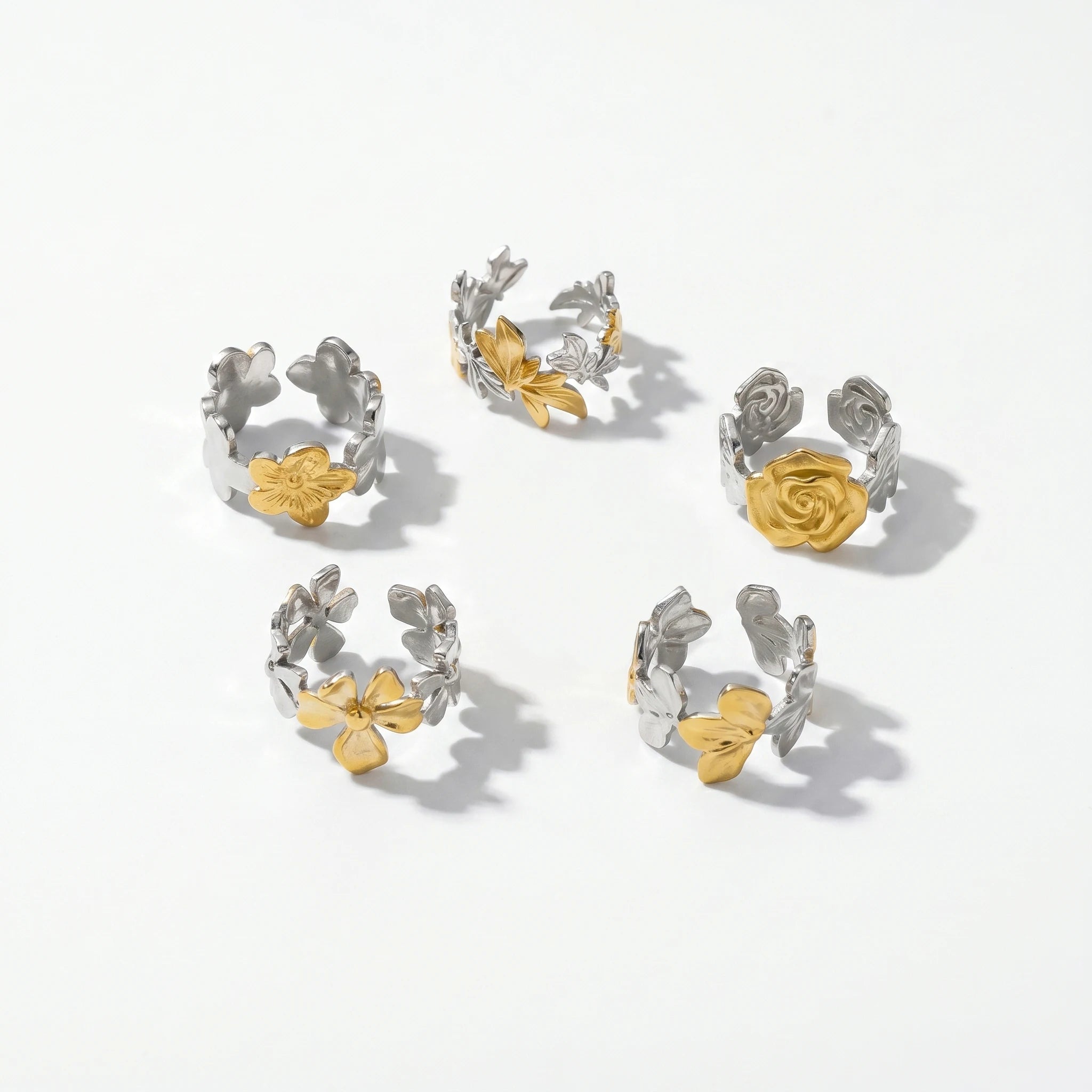 QIAOREN 12943-47 18K Gold Plated 316L Stainless Steel Two Tone Snake Star Adjustable Rings Set Tarnish Free Waterproof Jewelry