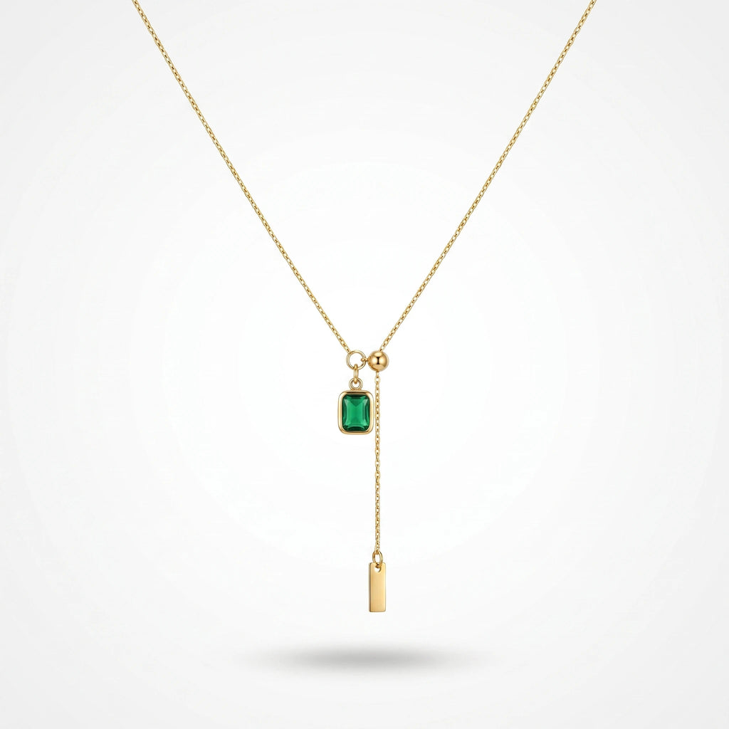 QIAOREN 13554 Stainless Steel Green Gemstone Pendant Necklace Gold Dainty Adjustable Chain Minimalist Jewelry for Women